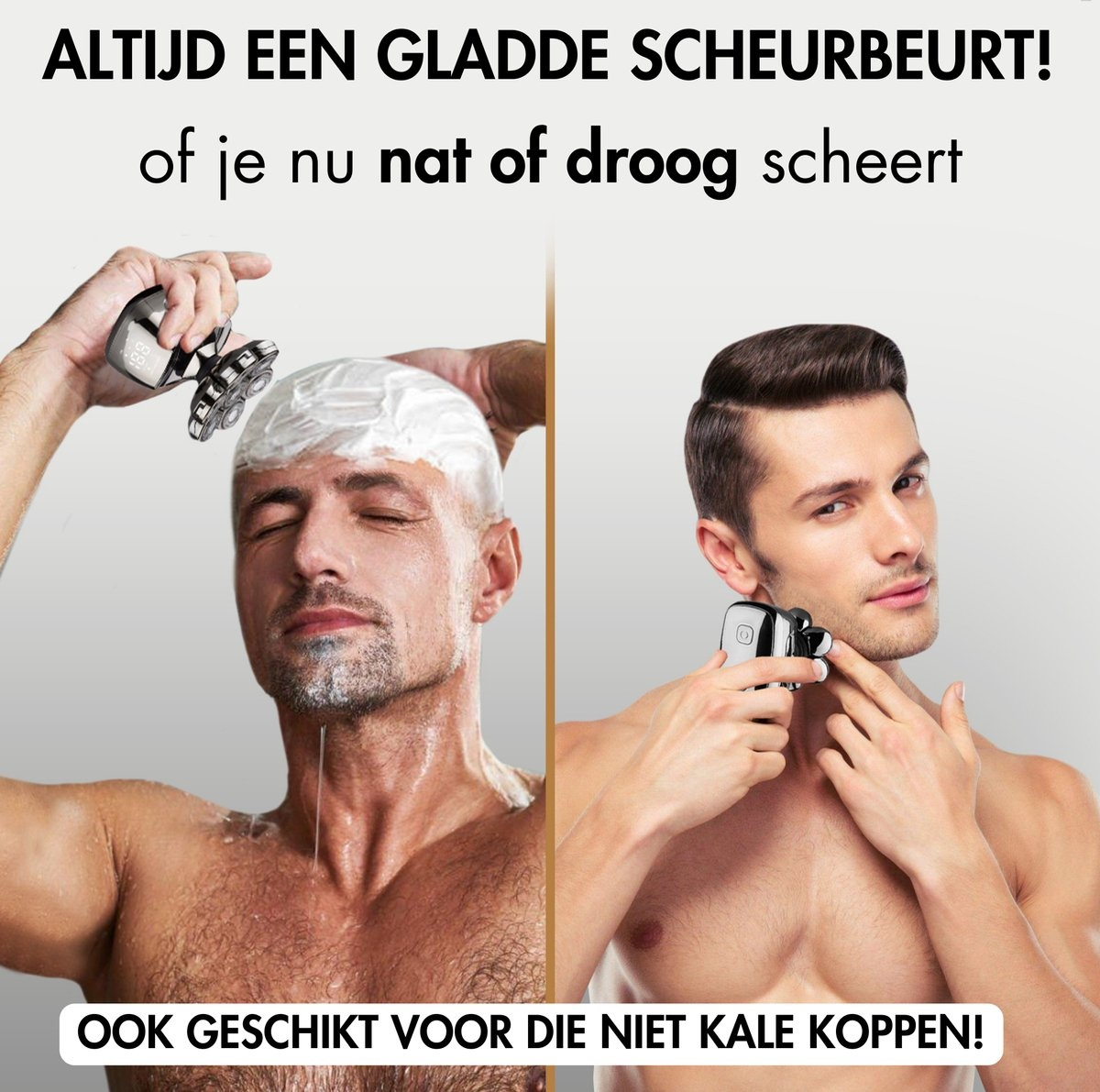 Two men are shaving with electric shavers. Text says, 'ALWAYS A SMOOTH SHAVE! whether wet or dry'.