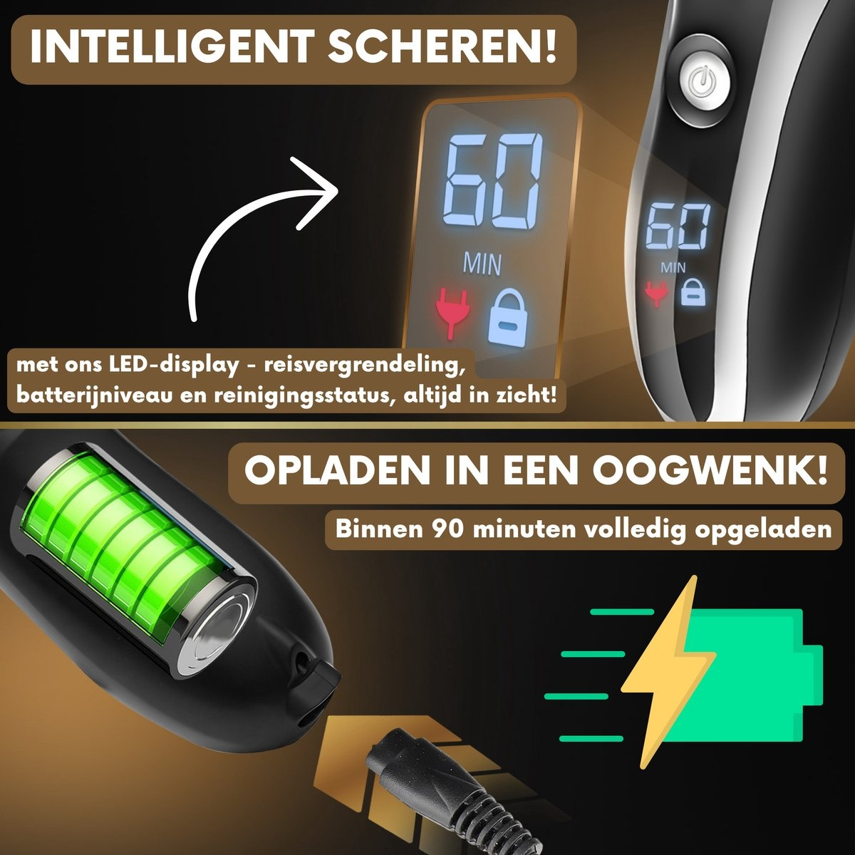 Close-up of a shaver with LED display showing 60 minutes. Charge status and cable are also visible.