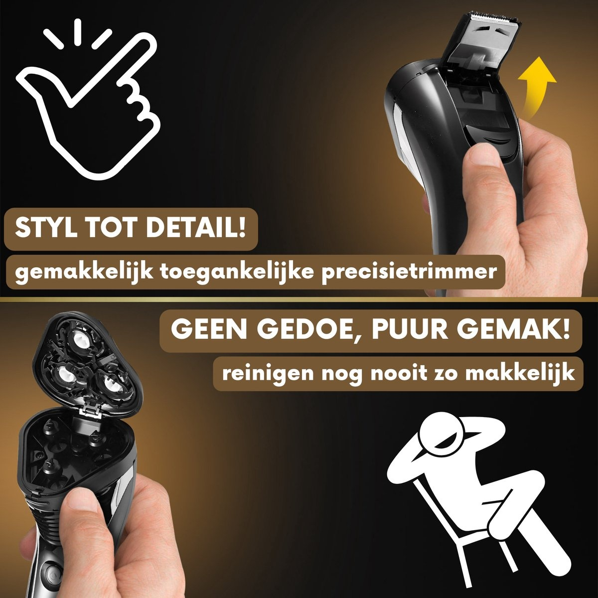 Images show a black electric shaver being cleaned and used. Text indicates easy cleaning and detail styling.