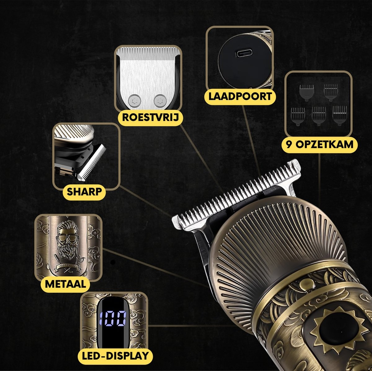 A hair trimmer with various features: stainless steel, charging port, various combs, and LED display.
