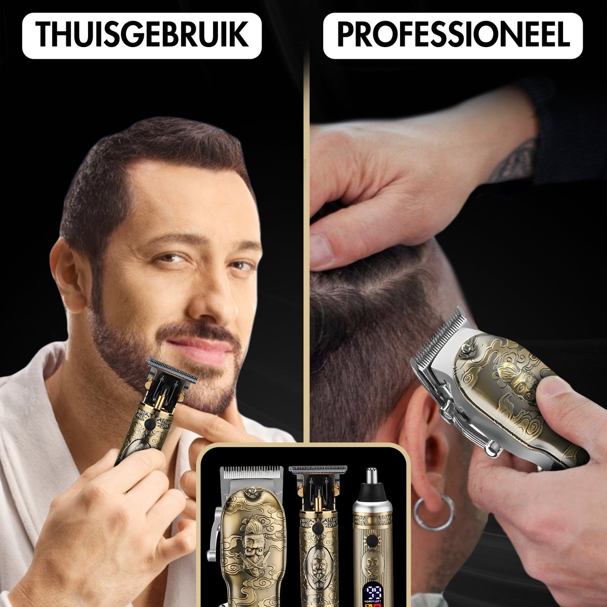 Image shows hair clippers. One side shows a man using it at home, the other a barber using it professionally.