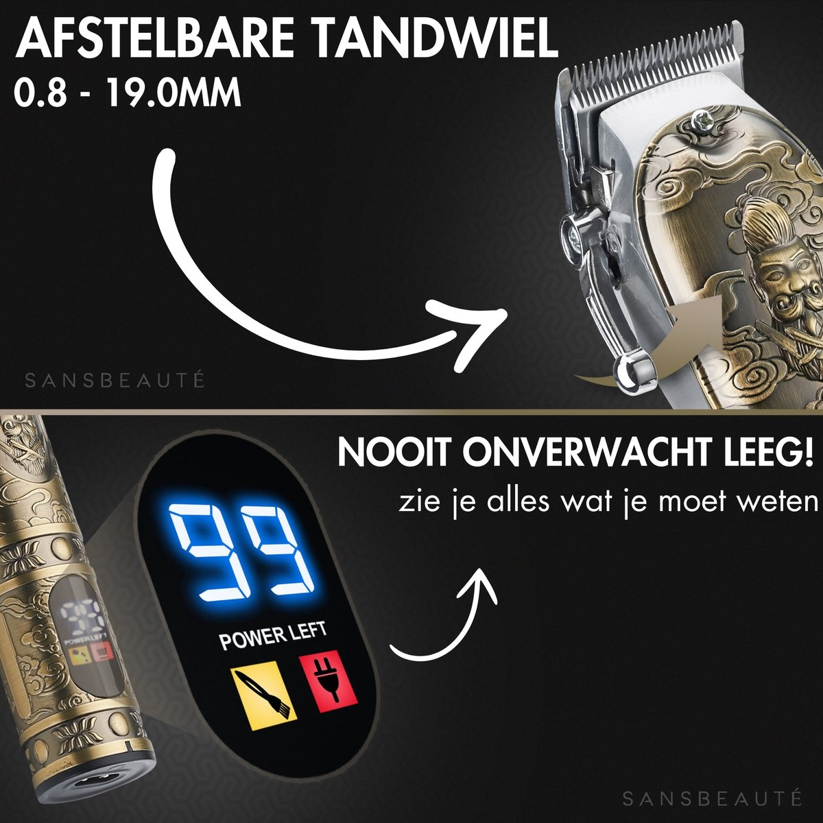 Close-up of a hair trimmer with blade, display showing 99, and text in Dutch.