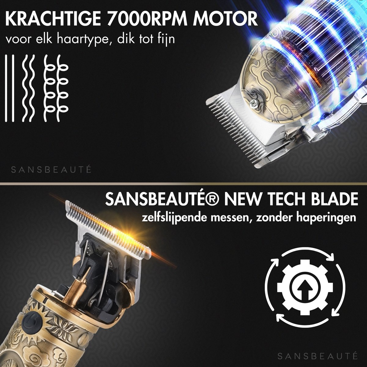Tondeuse électrique avec design détaillé, lame et texte: SansBeauté. Moteur et détails de la lame.
