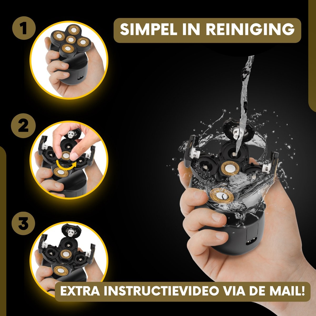 A shaver disassembled for cleaning, with water pouring on it, and steps 1-3 shown.
