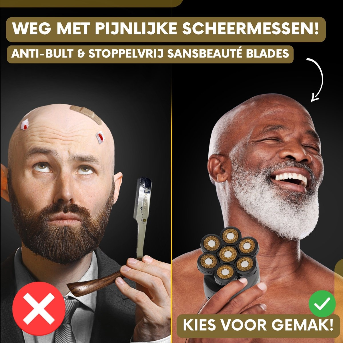 Man with razor and one with electric shaver. Text: "Weg met pijnlijke scheermessen!" and "Kies voor gemak!".