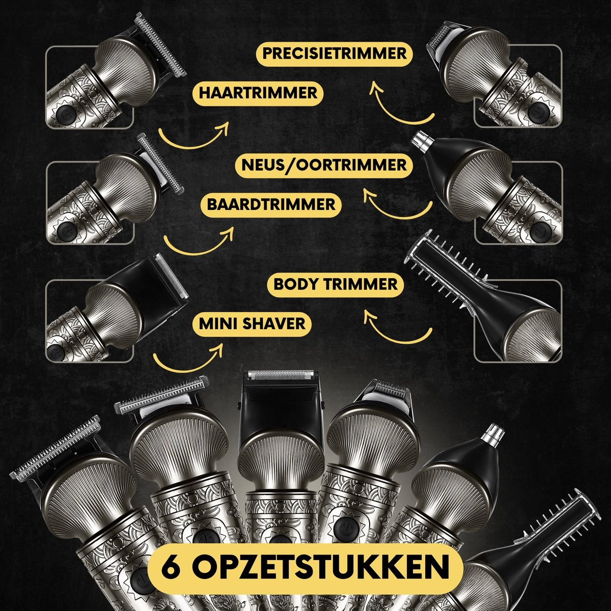 Multiple attachments for a shaver: hair, beard, nose/ear, body, and mini shaver.