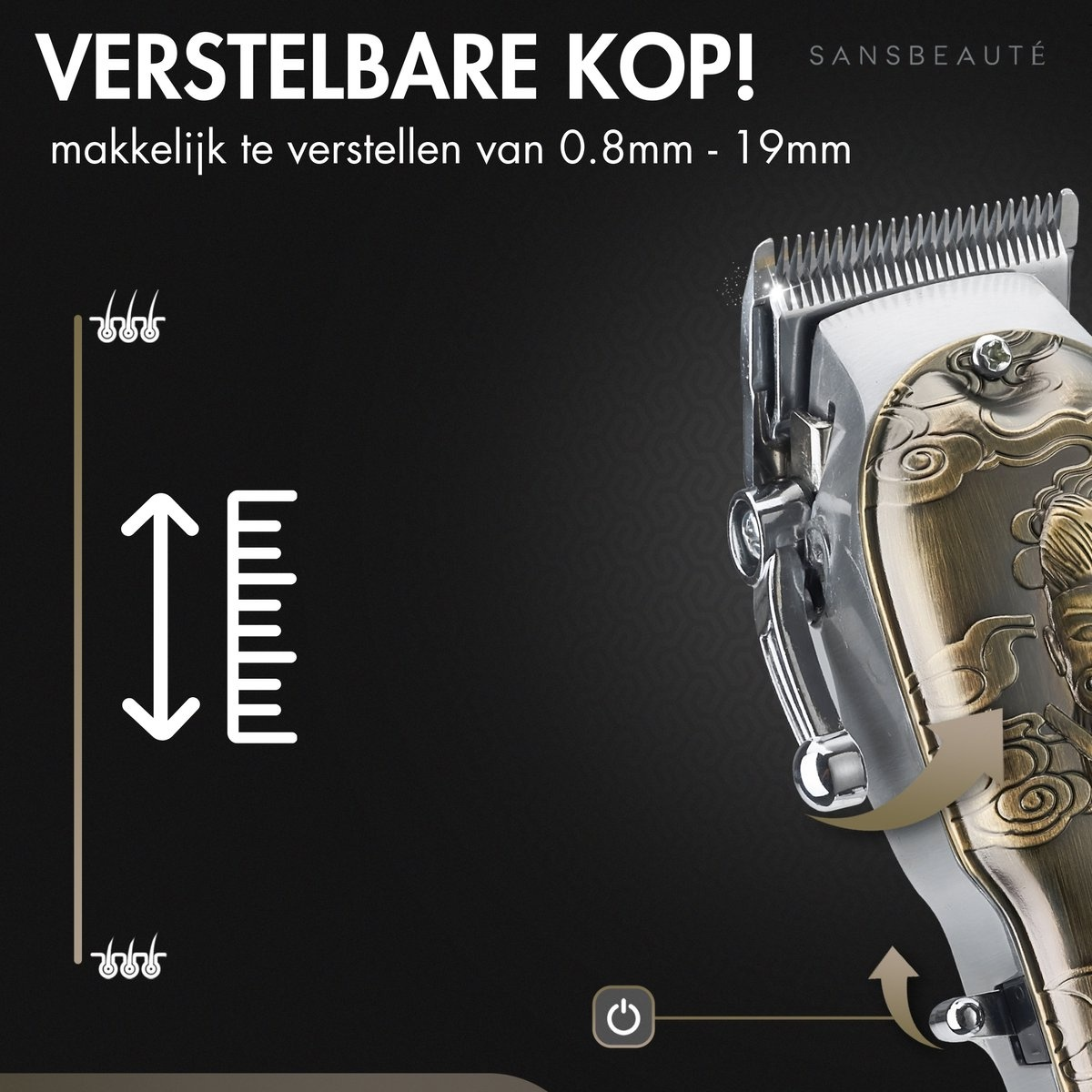 Close-up of an electric shaver. A dial indicates the cutting length. Text says adjustable head.