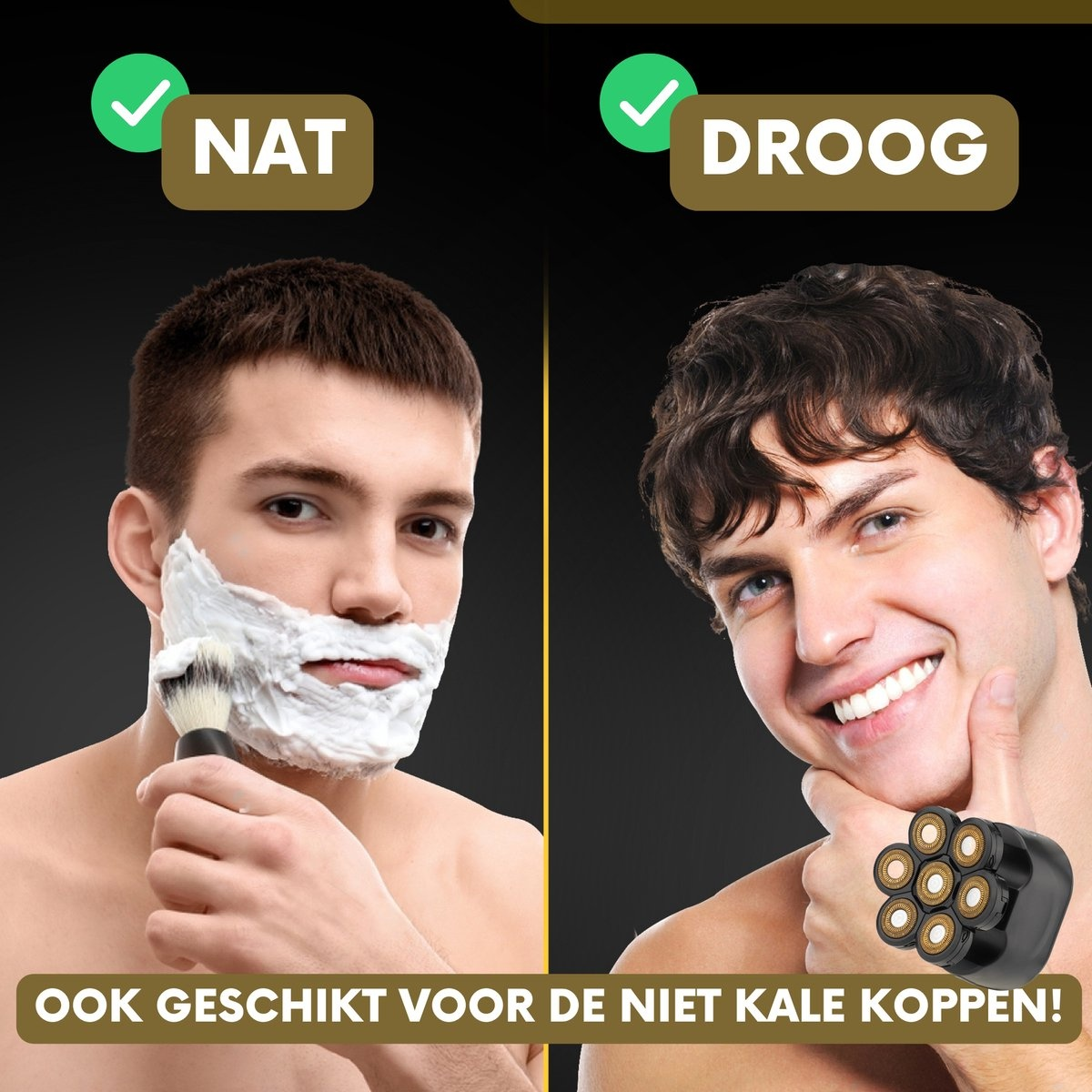 Two men show the difference between wet and dry shaving.