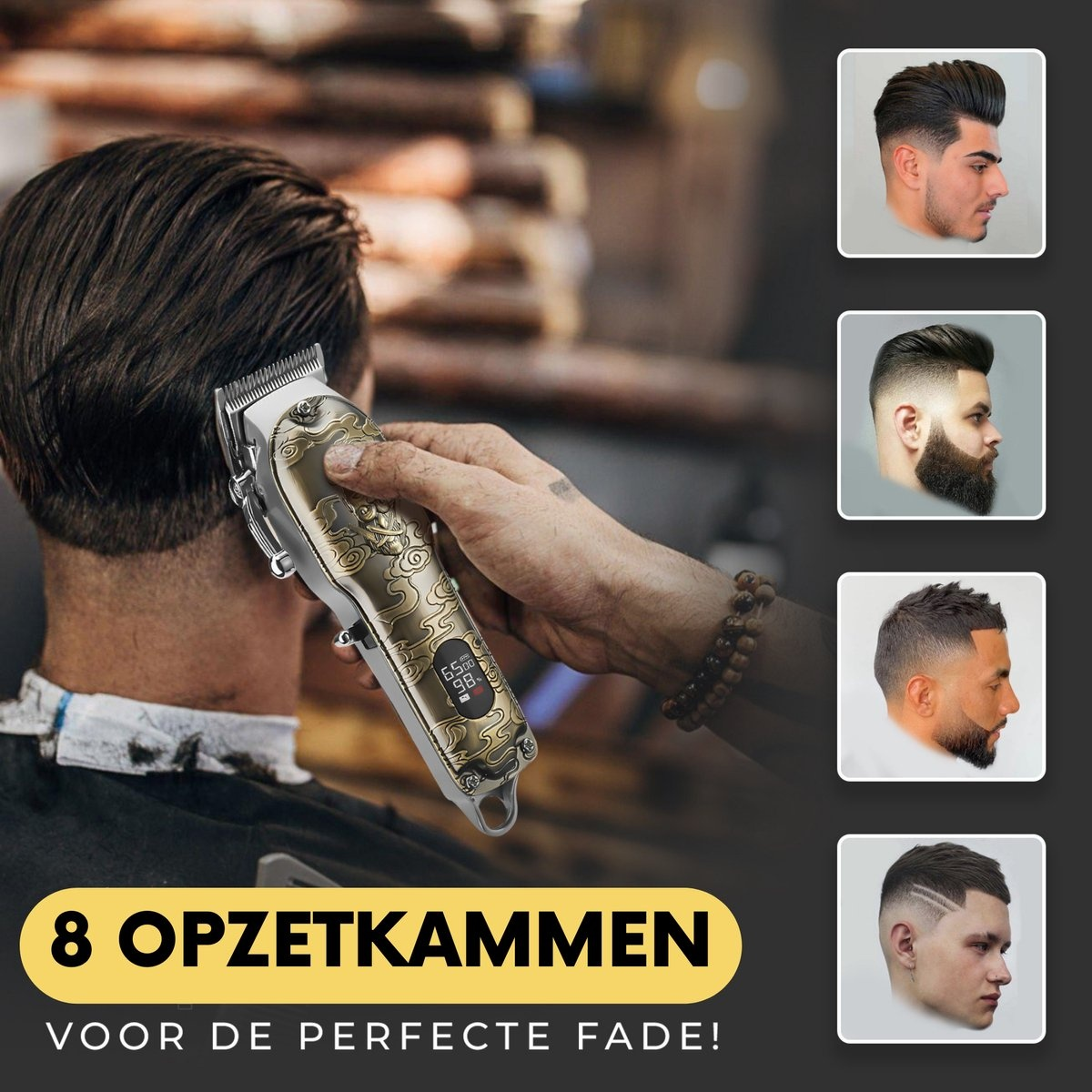 A man's hand holds a golden hair clipper with 8 styling options and hair style examples.