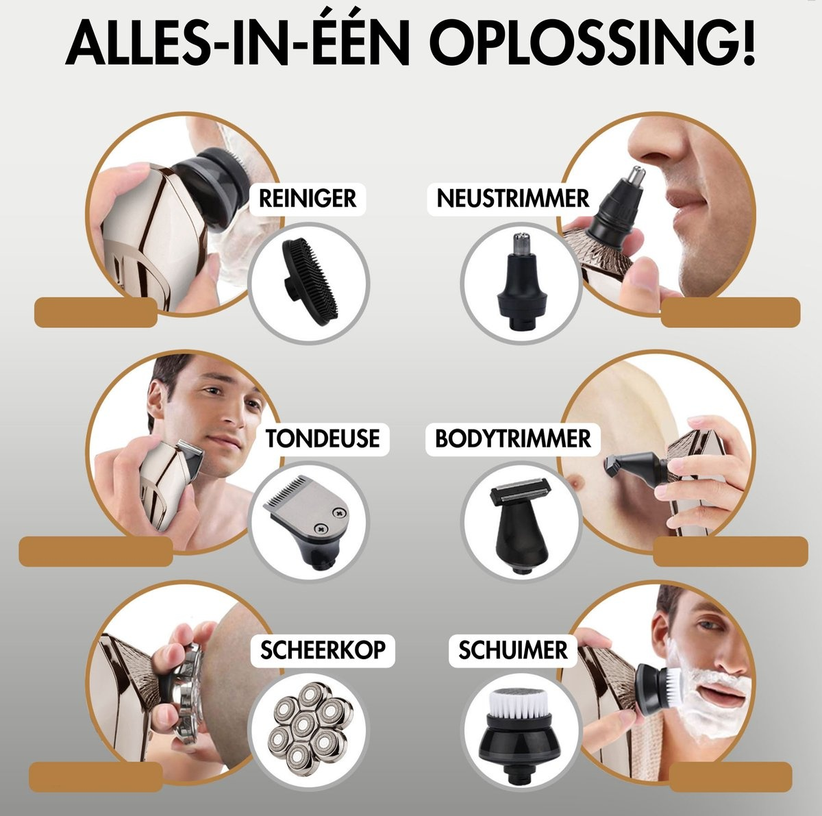 Image shows different grooming tools: trimmer, body trimmer, shaver, and more, with a man.