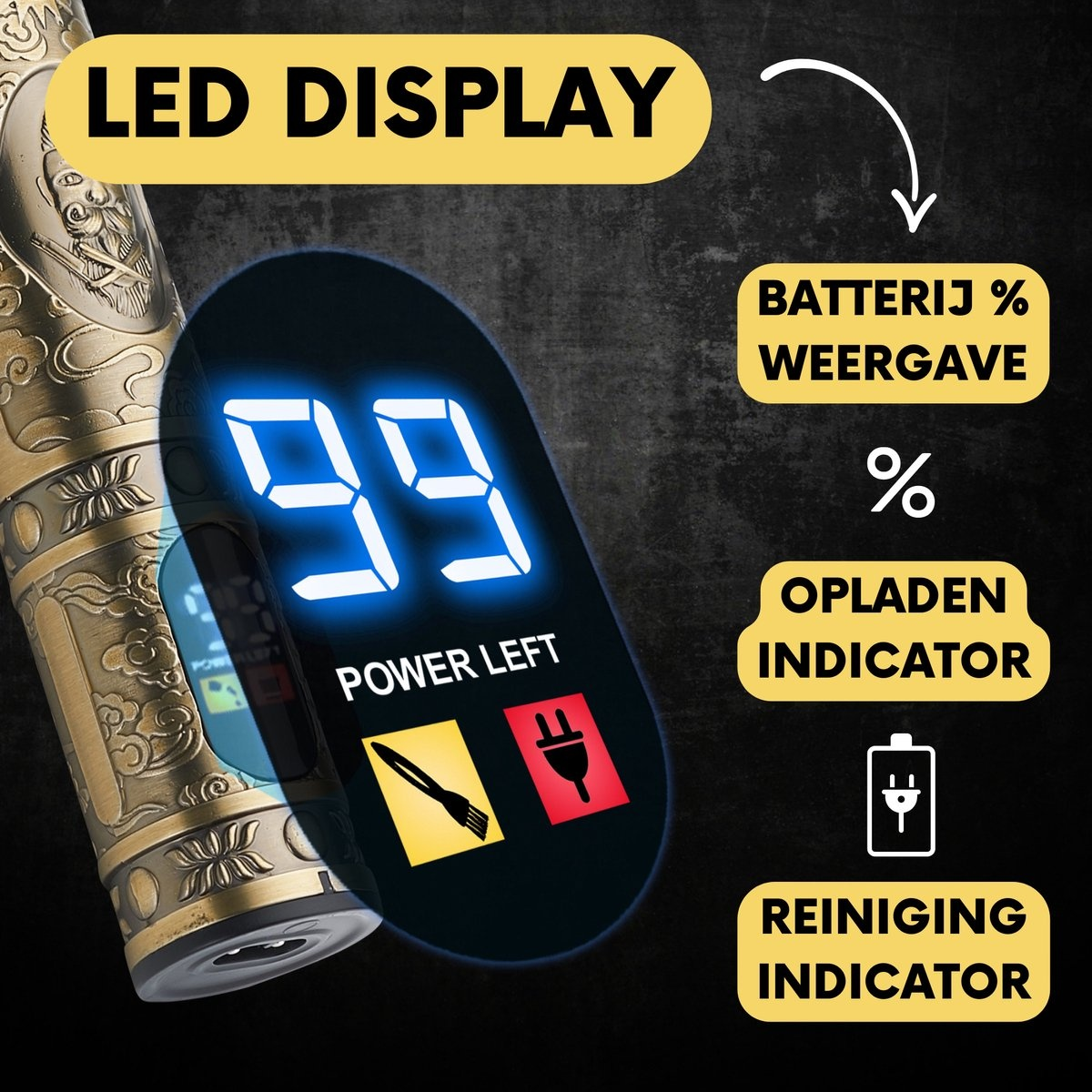 Close-up of a golden hair clipper's LED display showing 99% power. Indicators for charge and cleaning.