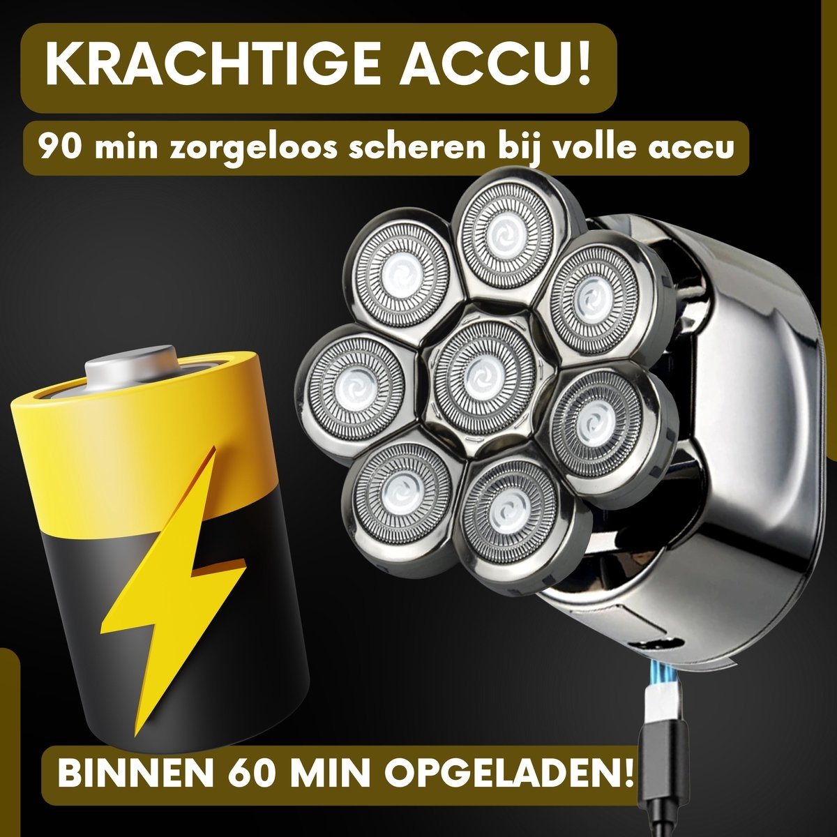 Electric shaver with battery indicator, and a charging plug icon.
