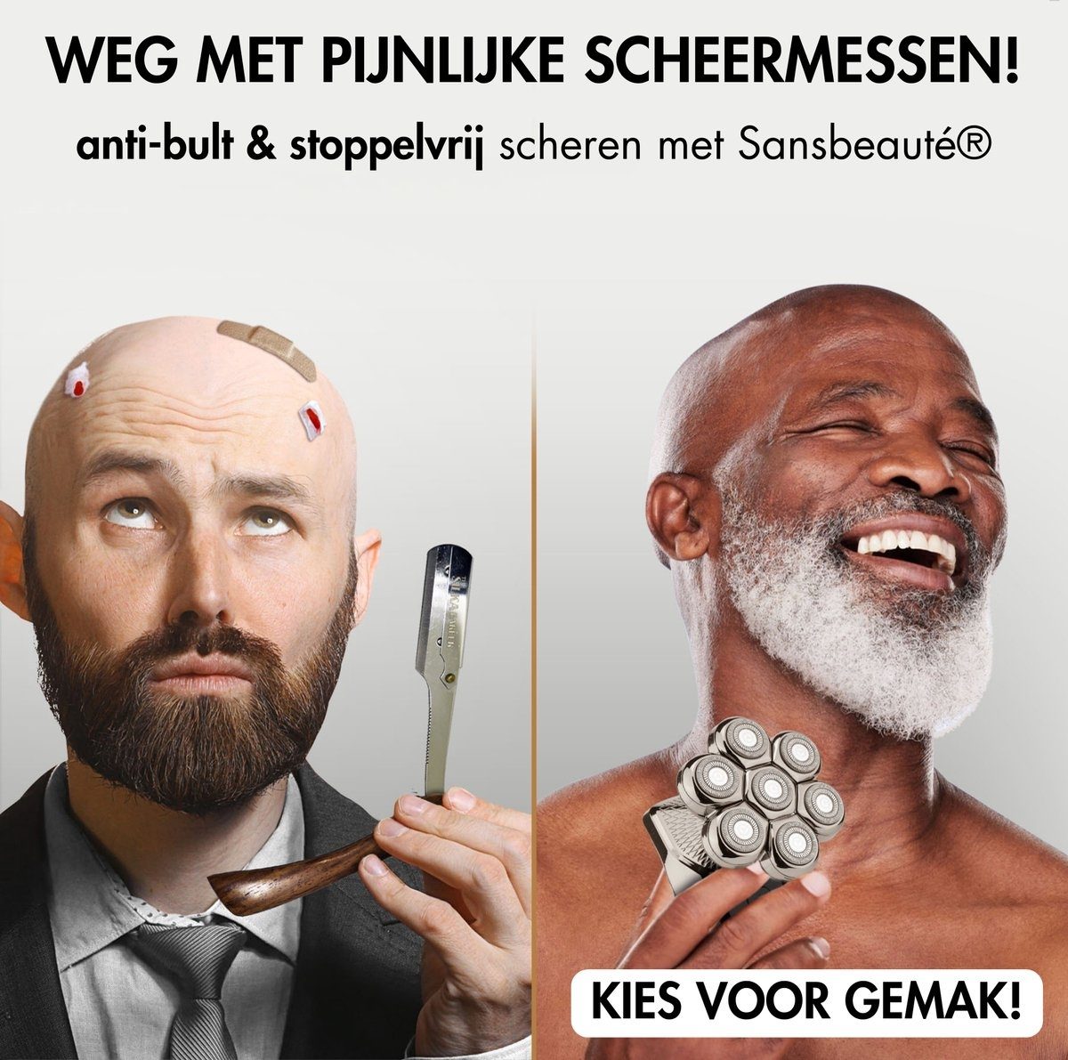 Man with bald head and wounds vs. man with beard. Text: Choose ease.
