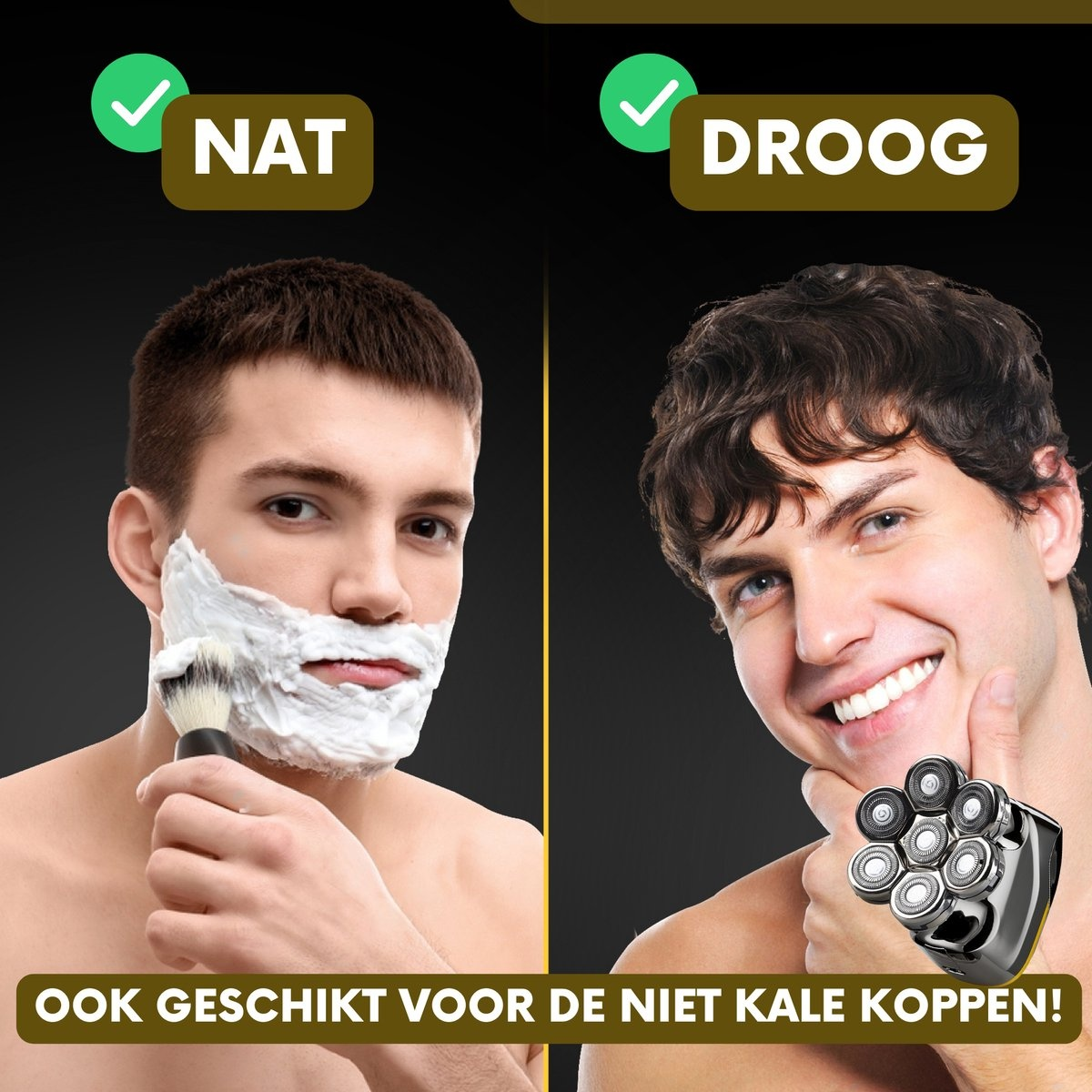 Man with shaving cream on face and another clean shaven, holding a shaver.