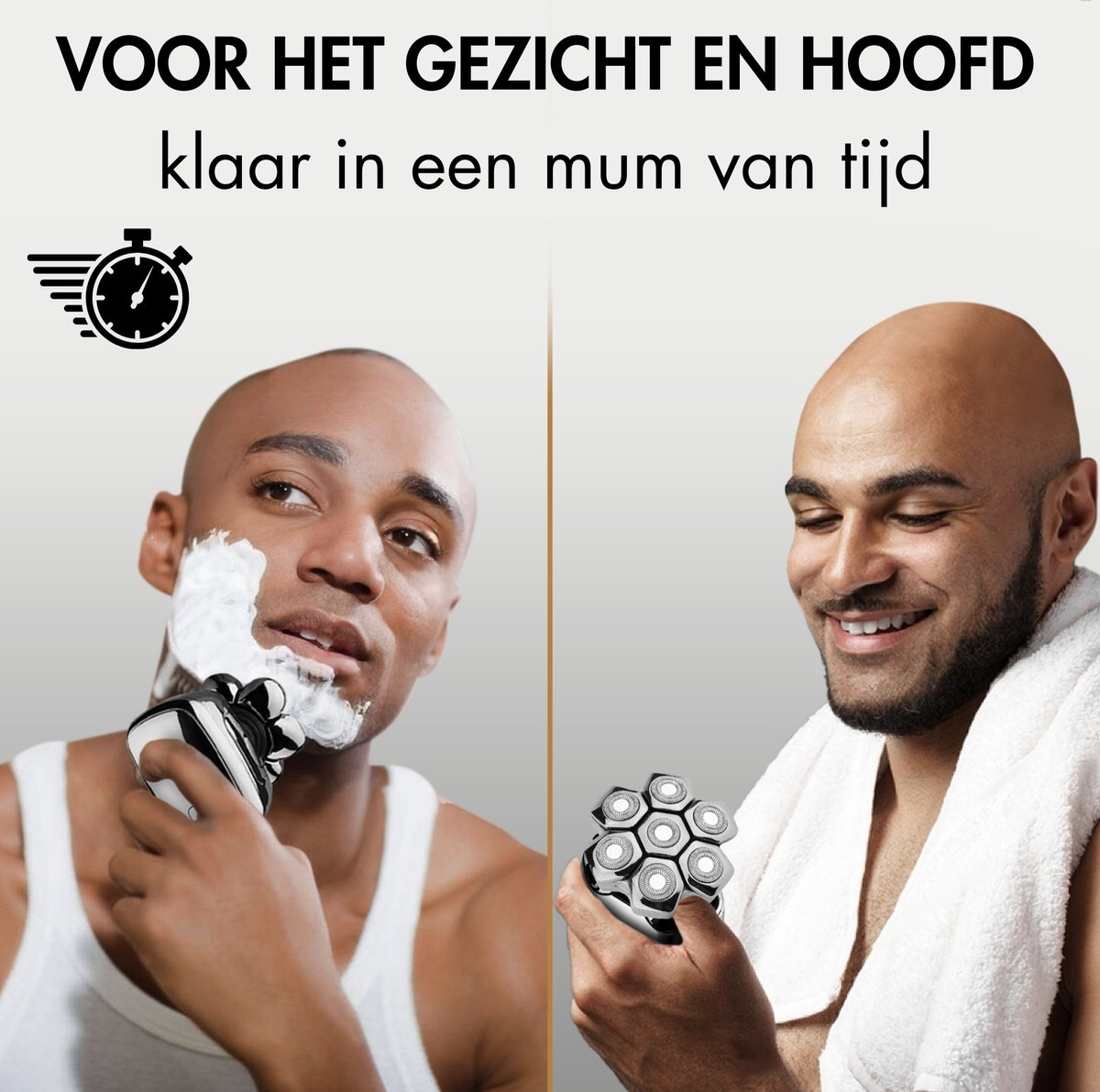 Two men shaving. Text: For face and head, ready in a moment.