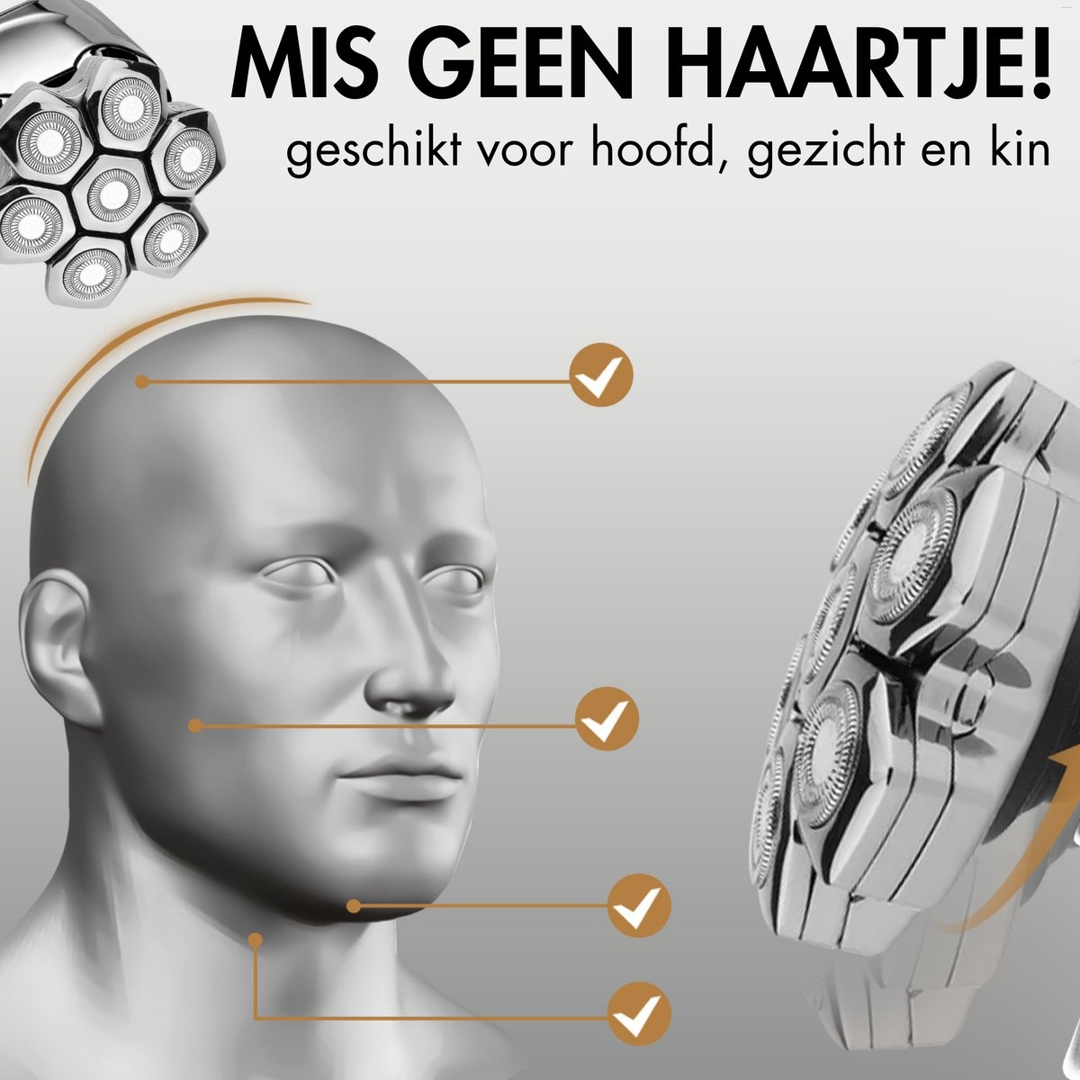 Close-up of a shaver with a man's face, highlighting areas for shaving. The product is designed for head, face, and chin.