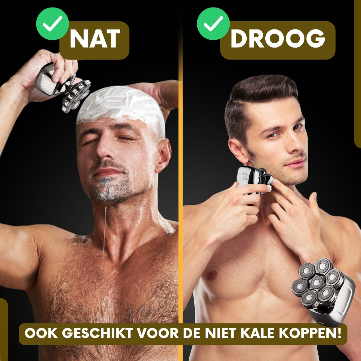 Split image: Man shaving wet, and man shaving dry with rotary shaver. Text about use on wet or dry hair.