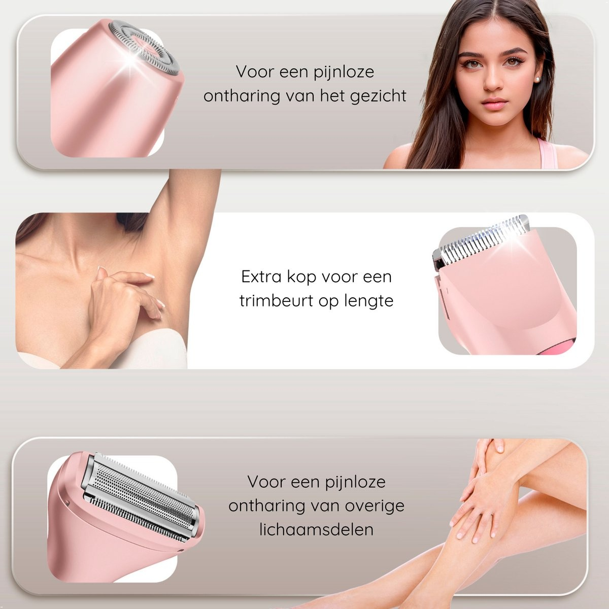 Roze ontharingsapparaten met tekst over pijnloos ontharen van gezicht, oksels en benen.