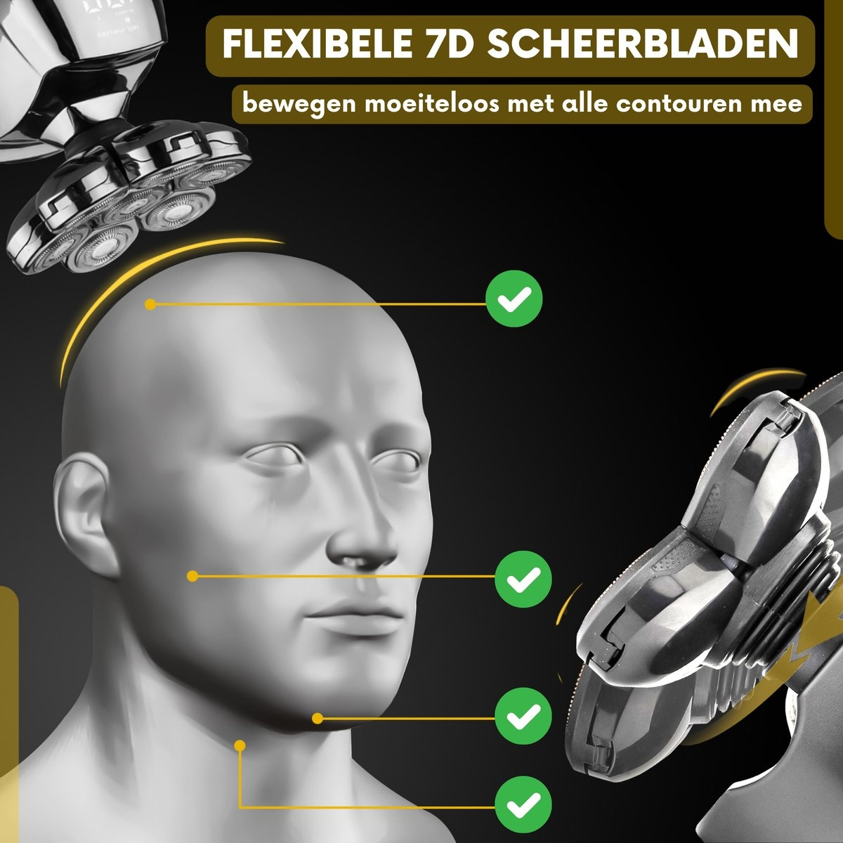 Image shows a man's head with areas highlighted for shaving. A shaver with 7D blades is shown.