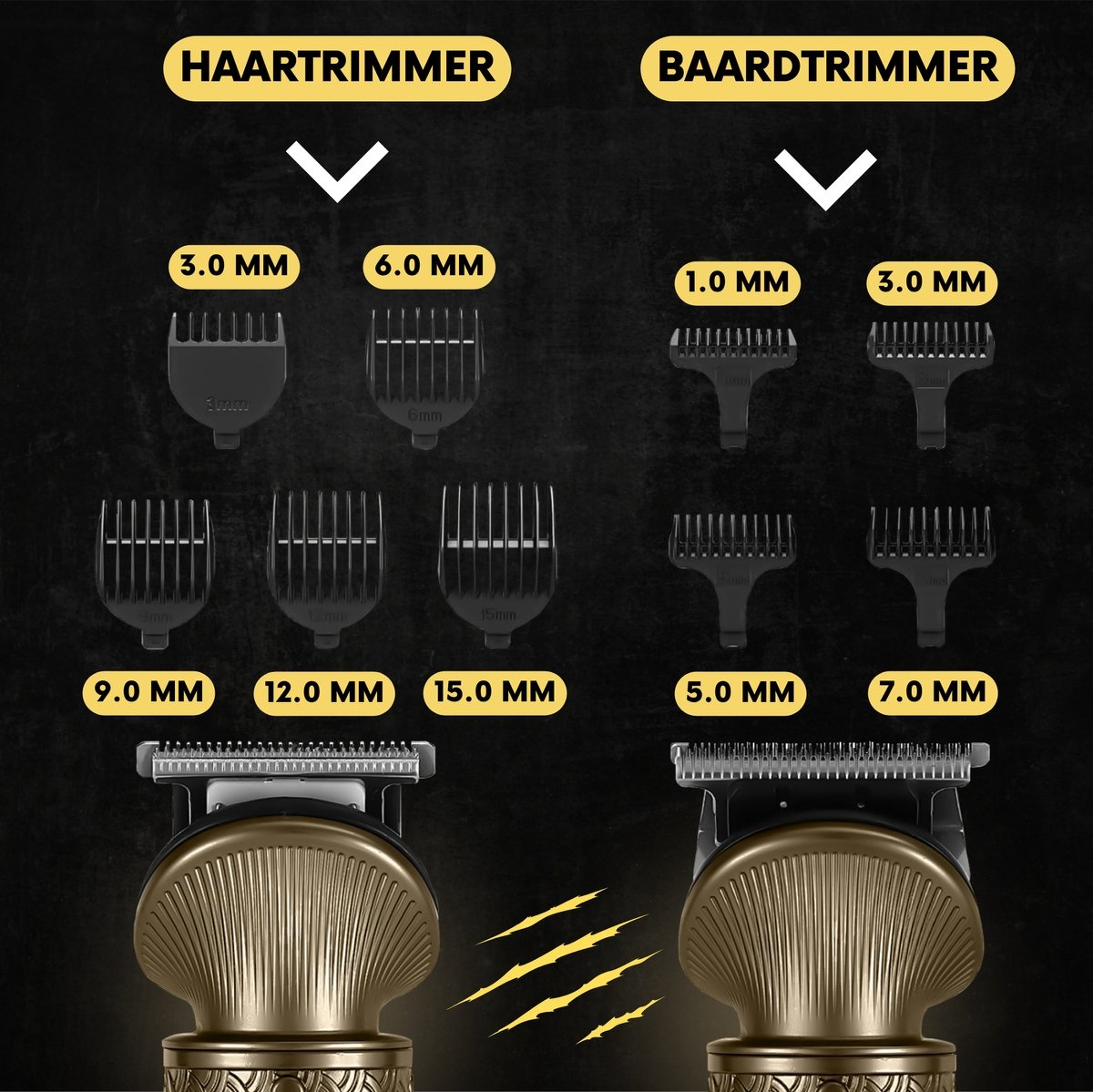 Hair and beard trimmer attachments.  Images of different length combs and the trimmer itself.
