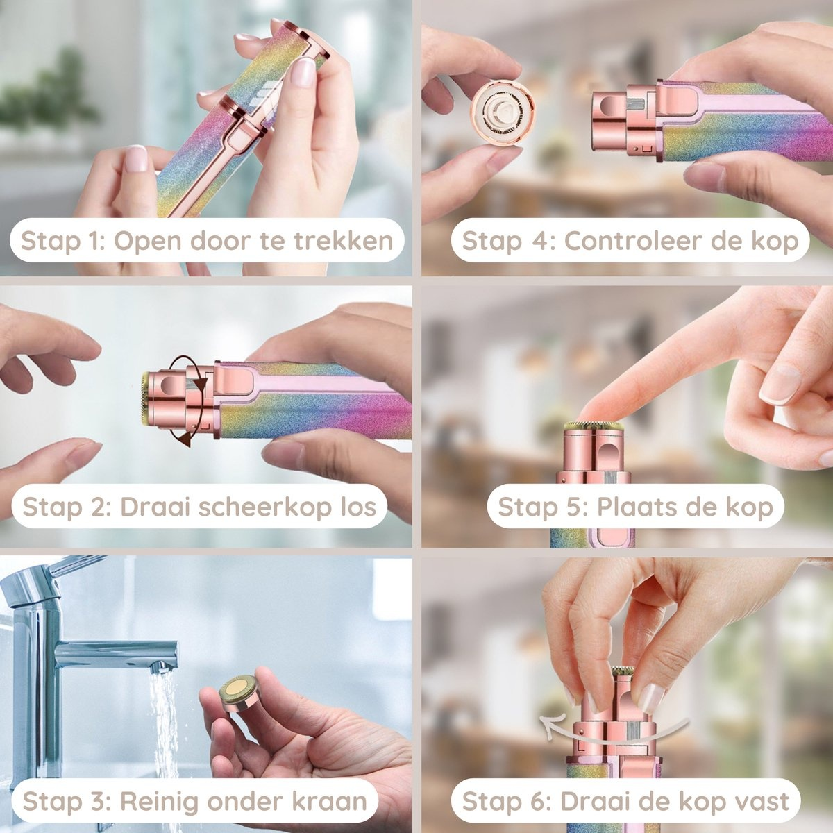 Six-step guide showing the disassembly and cleaning of a beauty device.
