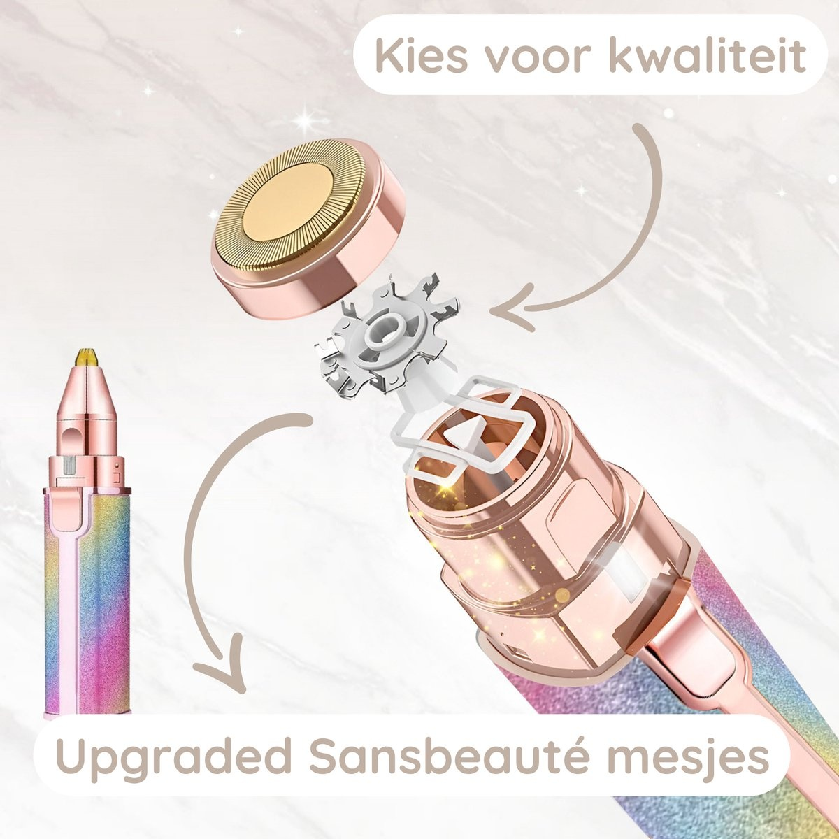 Disassembled hair removal device with components, arrows pointing to key parts.