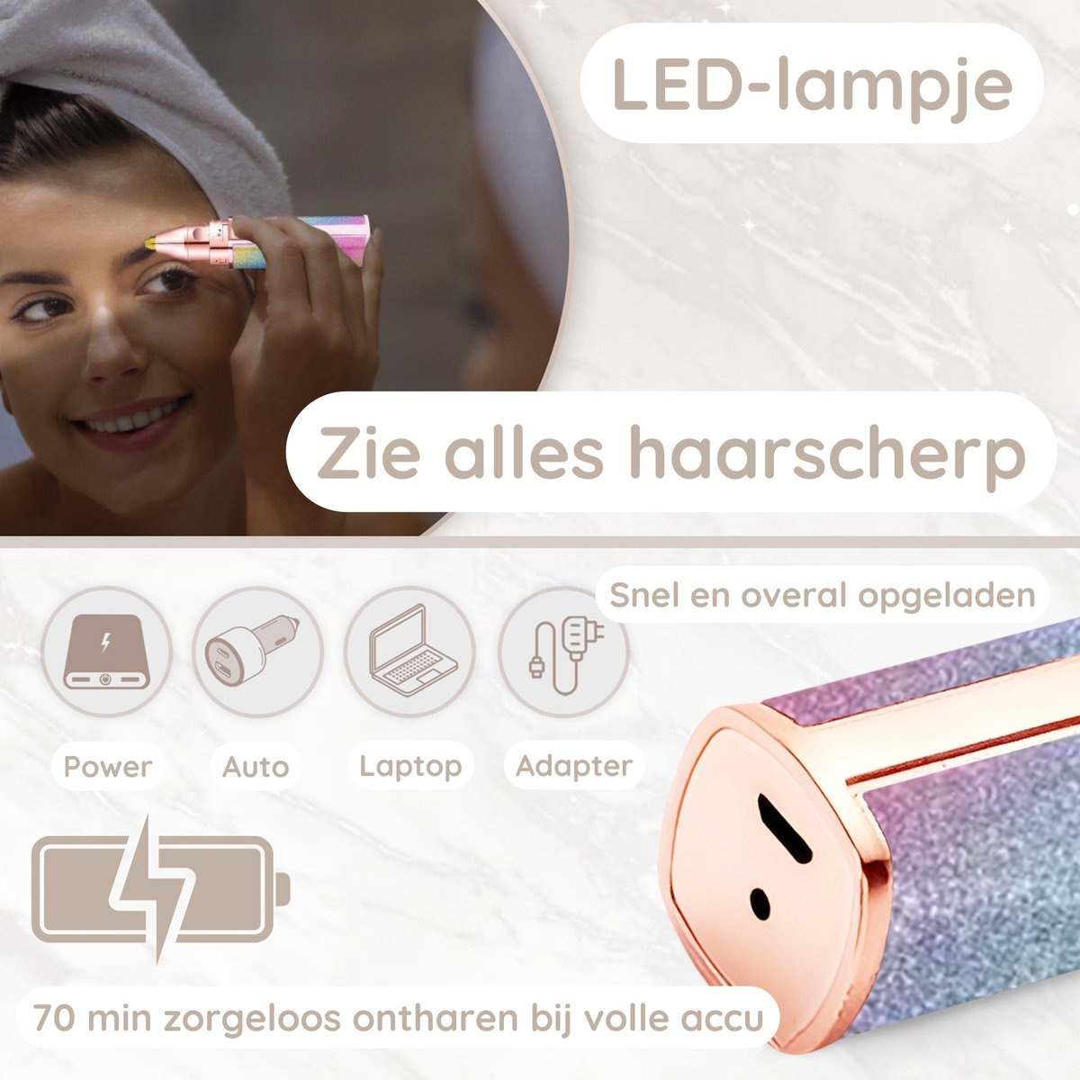 Woman using a small LED-lighted device on her eyebrow. Icons show charging options: power, auto, laptop, and adapter.