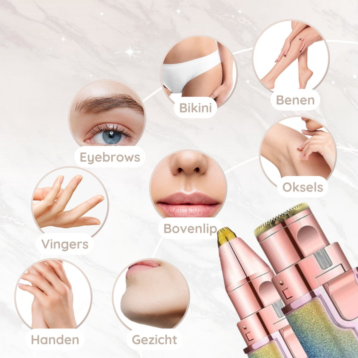 Body parts with labels: eyebrows, bikini, fingers, hands, upper lip, face, and underarms. Hair removal tool.