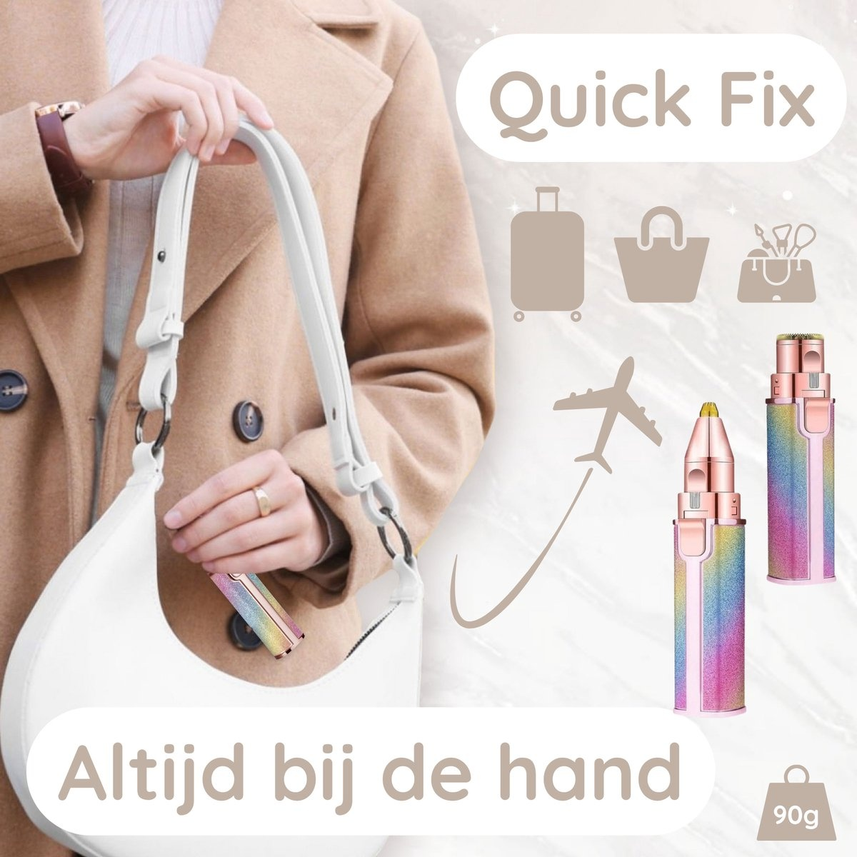 A woman holding a bag with a small facial hair remover.