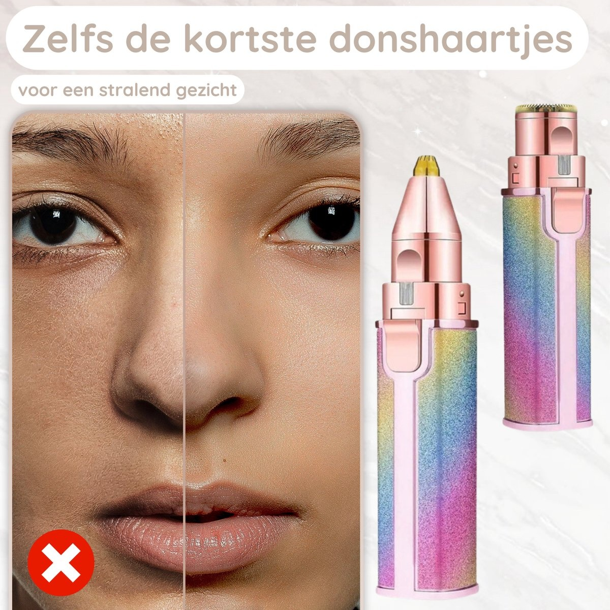 A woman's face next to hair removal tools. The left shows a poor skin condition compared to the right.