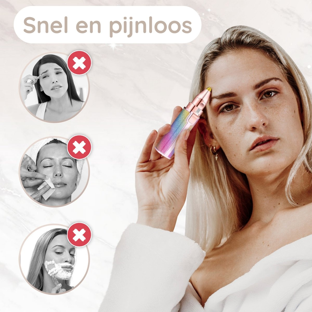 Woman using a rainbow shaver. Other images show alternative hair removal methods with red X marks.