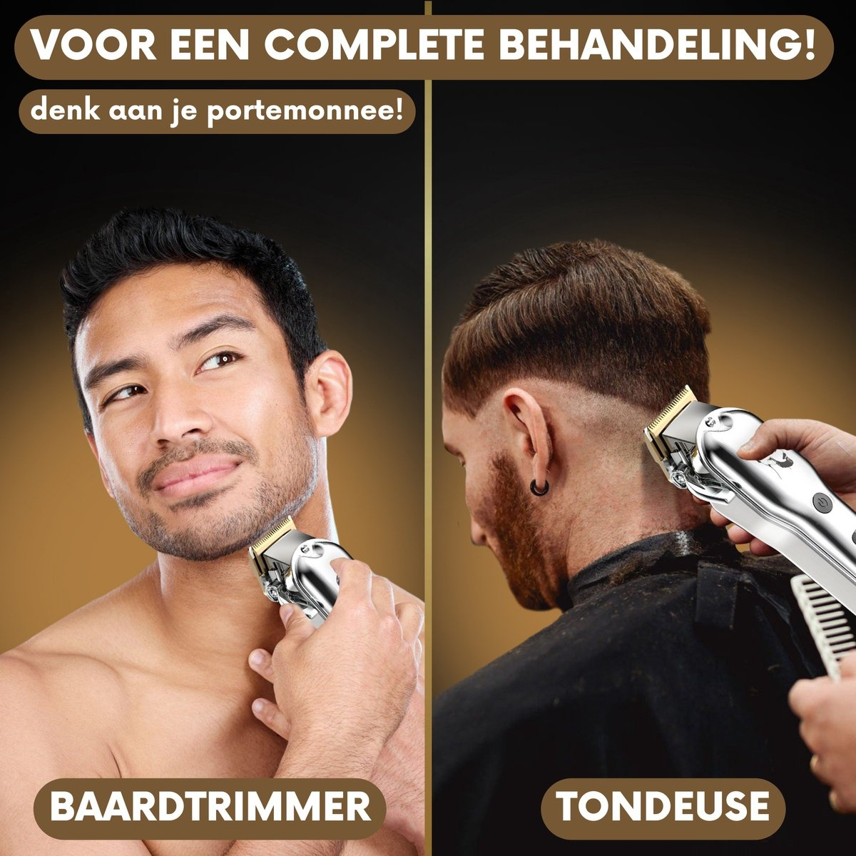 Two men are using electric hair clippers. One shaves his beard, the other his hair.