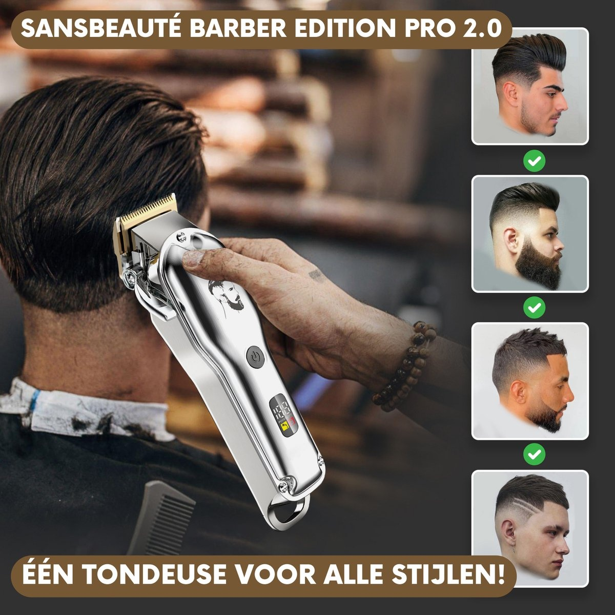 A silver hair clipper and images of different men's hairstyles.