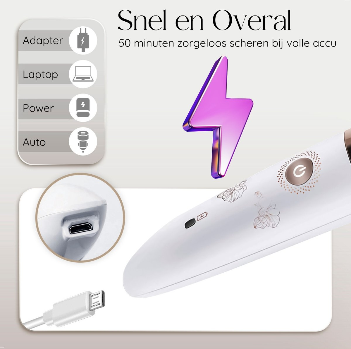 A white and gold facial hair remover, with charging icons and a USB cable connection.