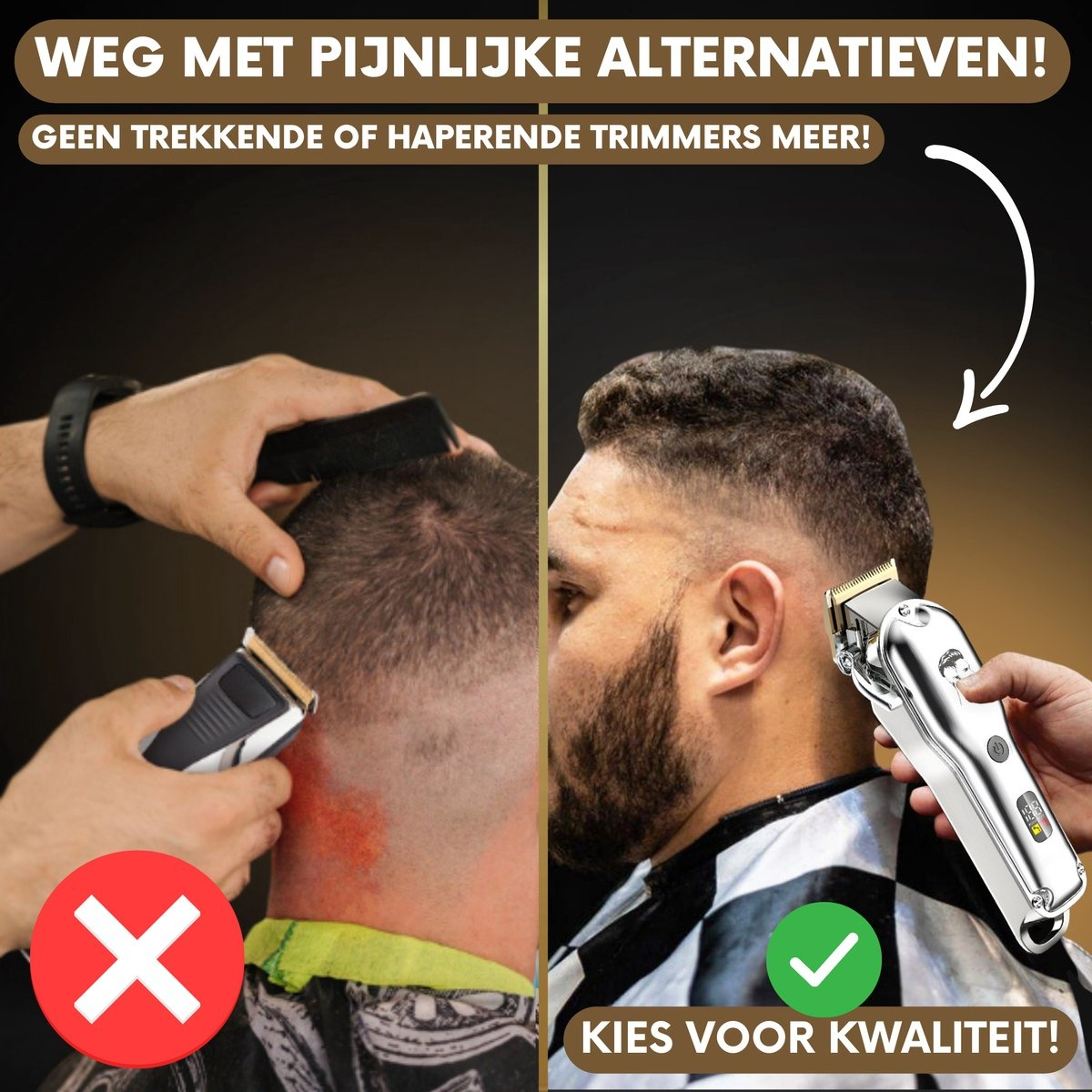 Een man krijgt een kapsel met een tondeuse, vergeleken met een slecht kapsel met een rode vlek.