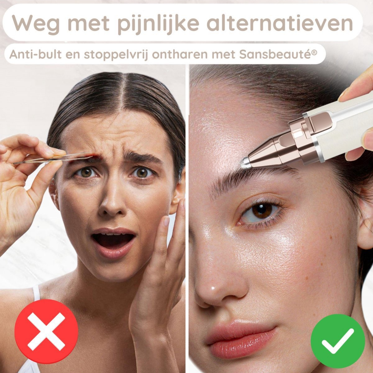 Das Bild vergleicht das Zupfen der Augenbrauen mit einer Pinzette mit der Verwendung eines Trimmers. Das Gesicht einer Frau wird gezeigt.