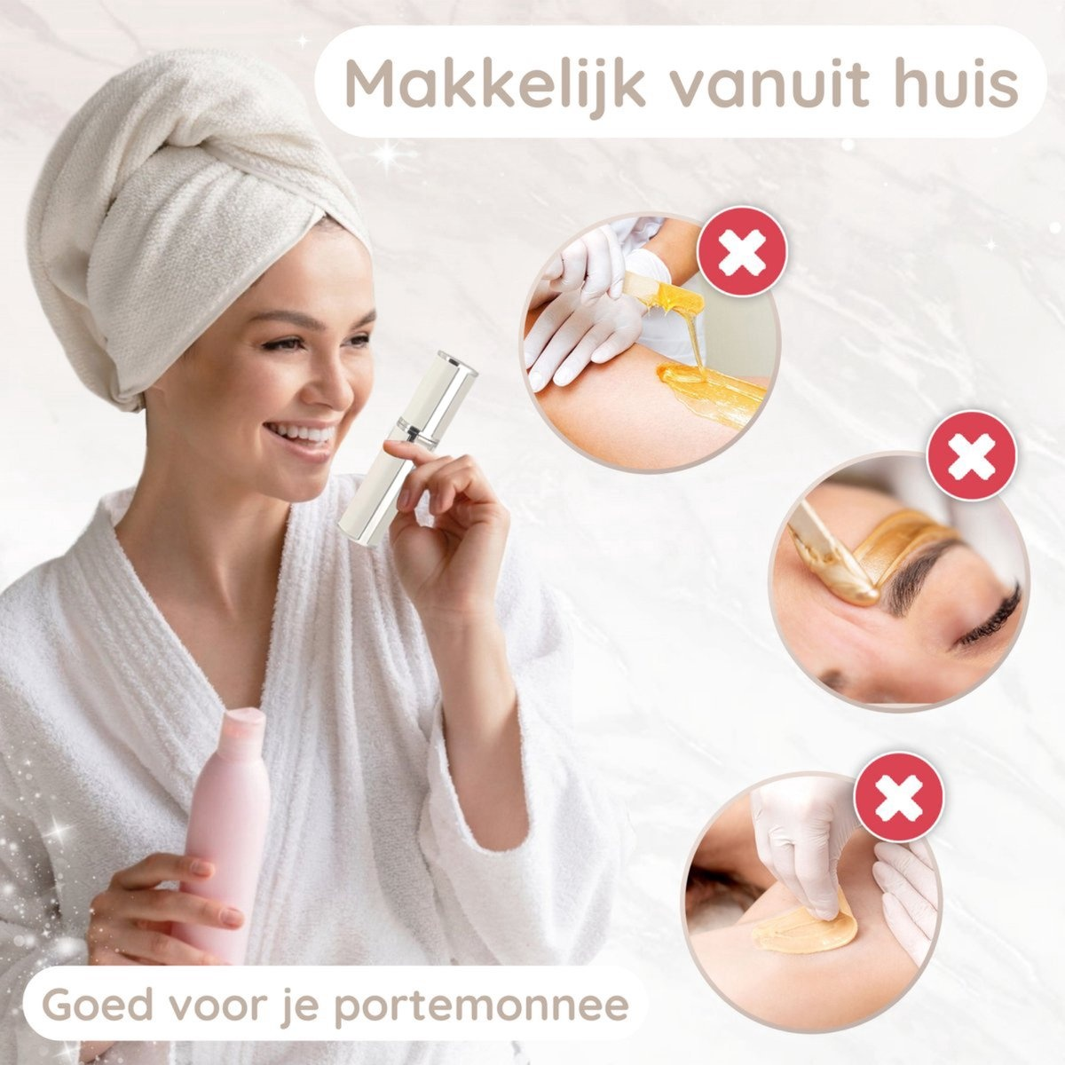 Frau im Bademantel hält Produkt, vergleicht mit Haarentfernungsmethoden. Kein Wachsen, Epilation empfohlen.