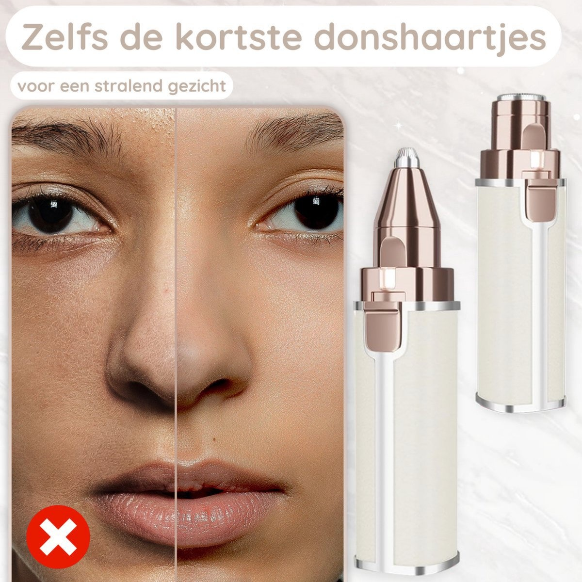 Das Gesicht einer Frau mit einem Vorher-Nachher-Vergleich mit Haarentfernungswerkzeugen rechts. Der Text ist niederländisch.