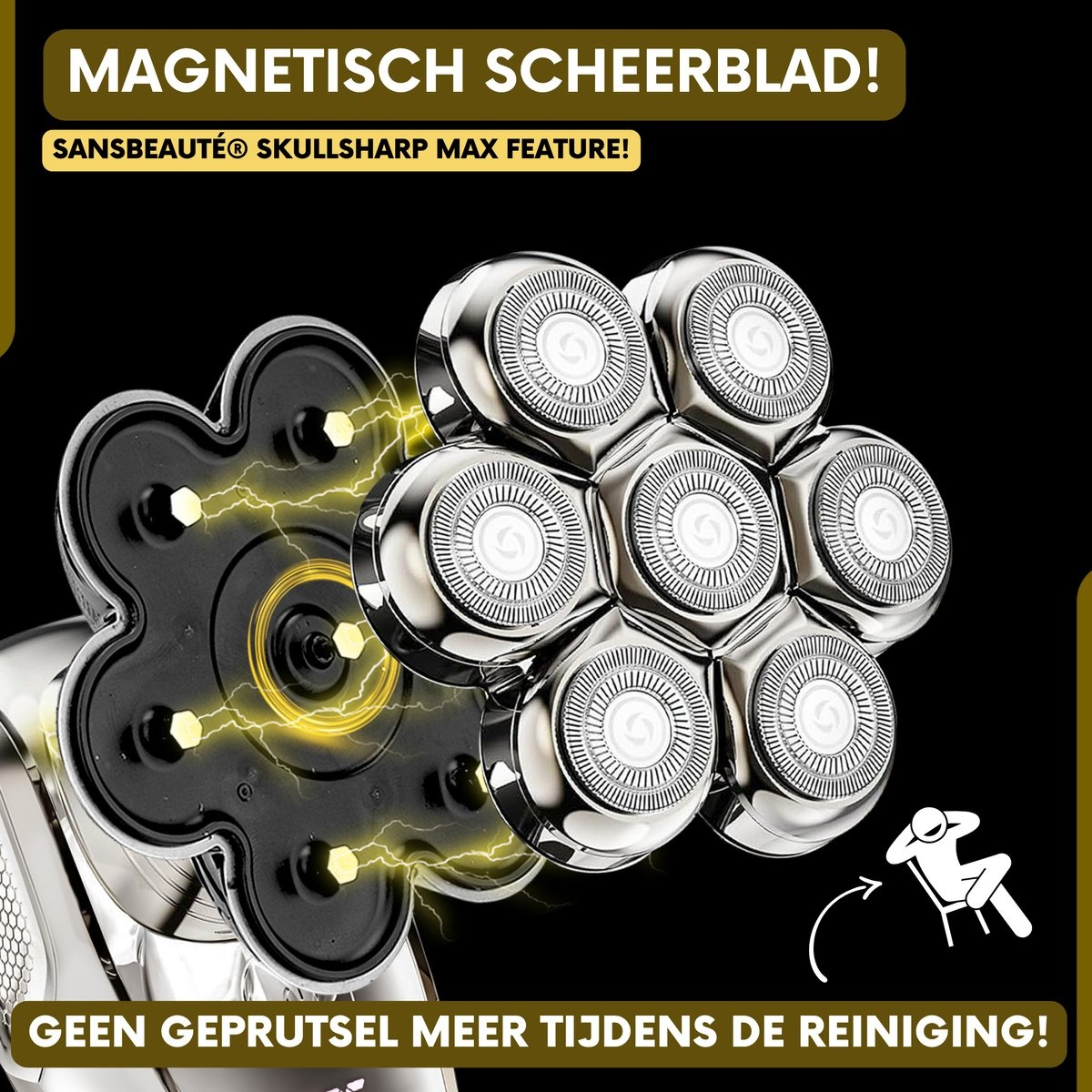 Nahaufnahme eines silbernen Elektrorasiererkopfes mit rotierenden Klingen und Diagramm.