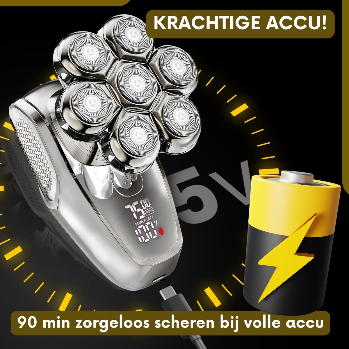 Silver shaver with seven heads, digital display, and a battery with a lightning bolt.