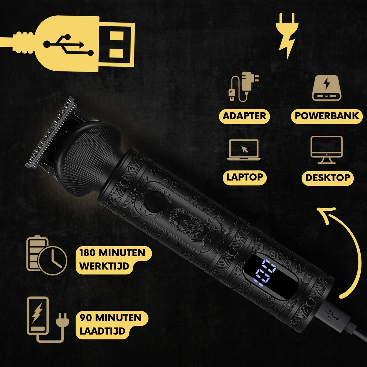 Tondeuse à cheveux noire avec chargeur. Affiche les icônes de charge, batterie externe et durée d'utilisation.