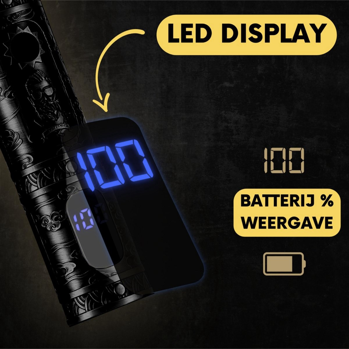 Black shaver with an LED display showing 100% battery. The words 'LED Display' and 'Battery %' are visible.