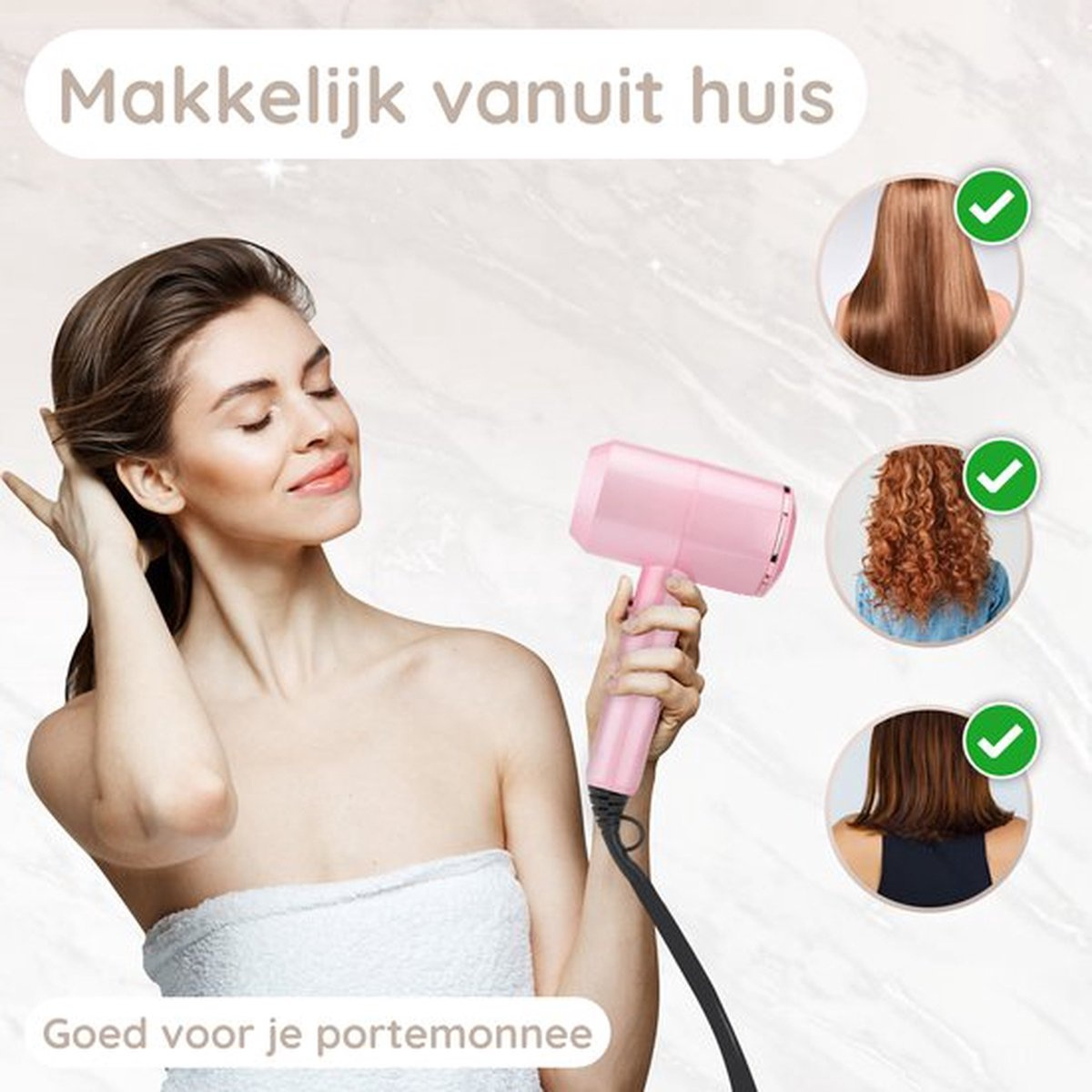 Woman drying her hair with a pink hairdryer, with different hair styles shown. It is good for your wallet.