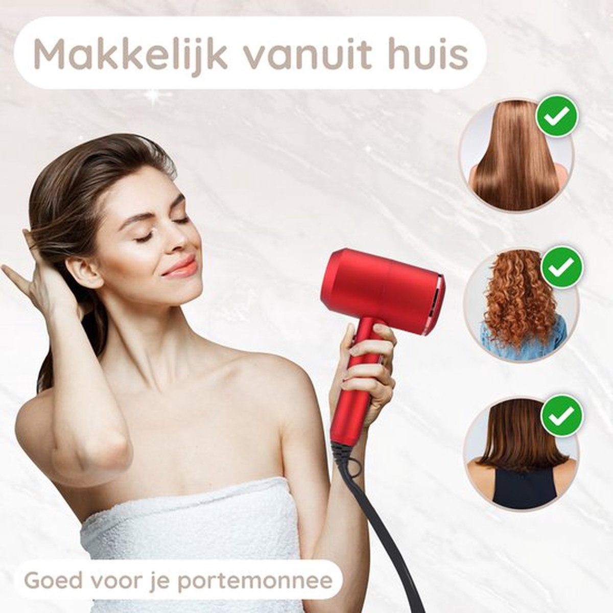 Een vrouw met een föhn en afbeeldingen van verschillende kapsels, rode föhn.