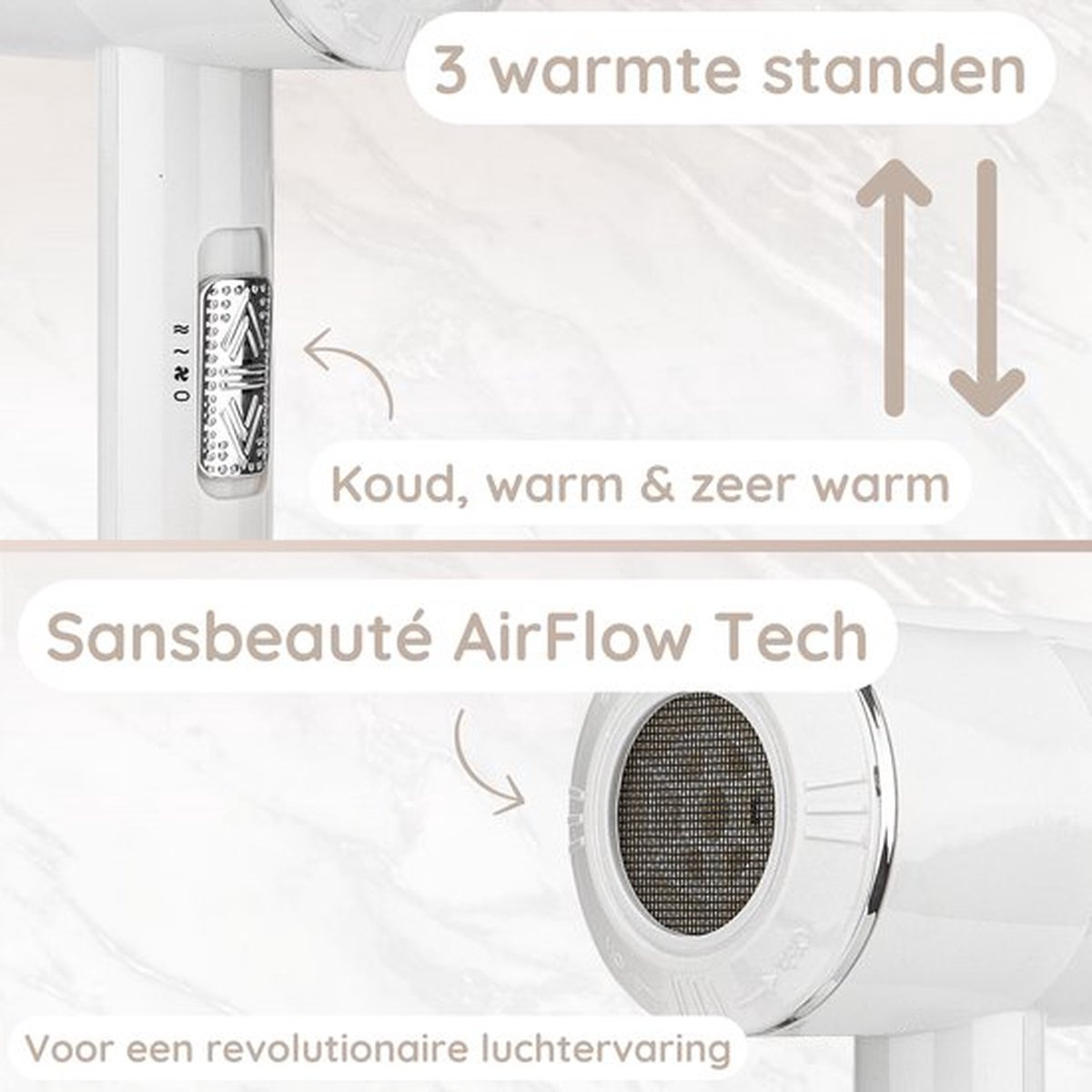Close-up of a white hair dryer. Controls and air flow tech are shown with text descriptions.