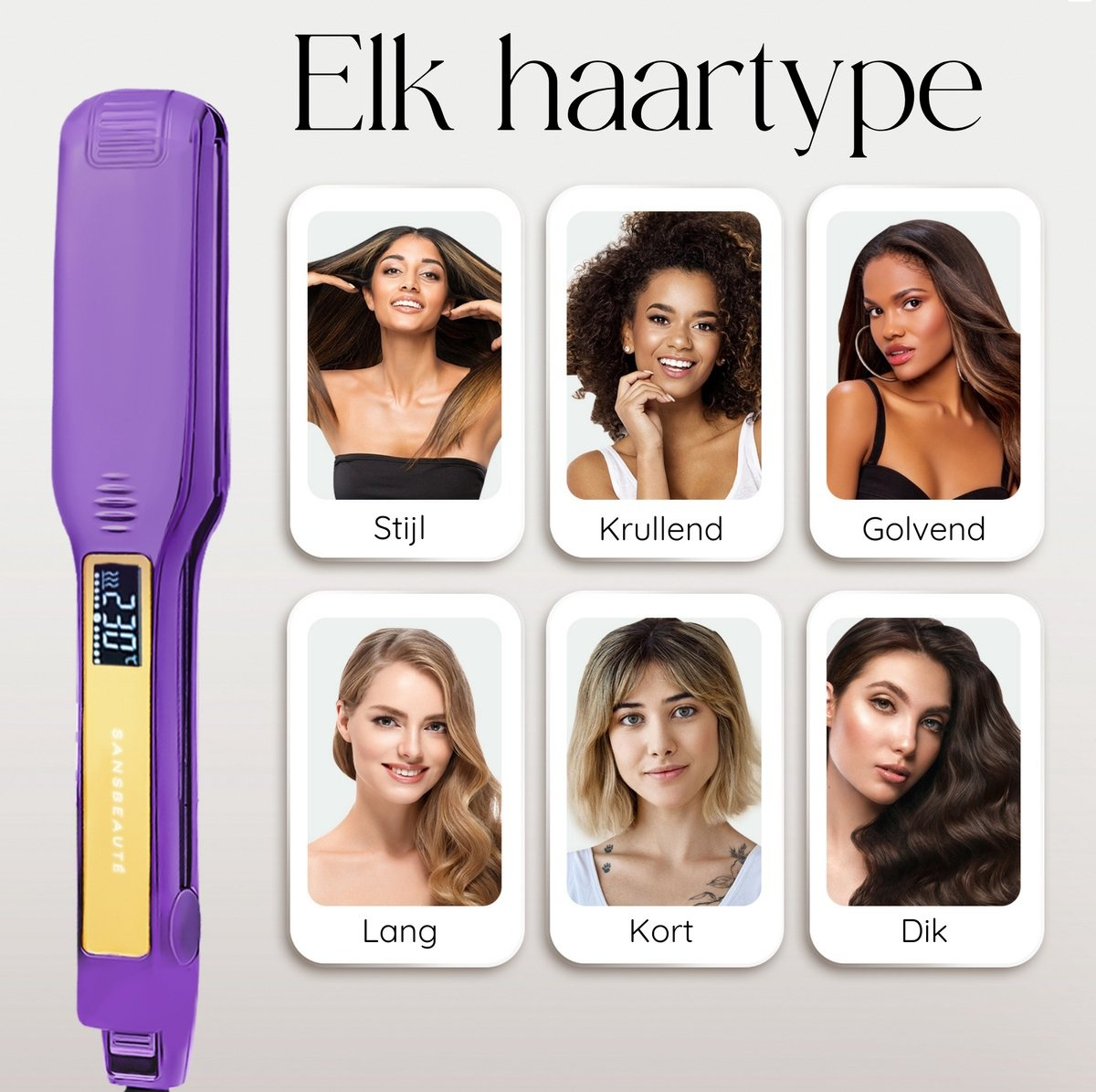 Paarse stijltang met verschillende haartypes. Tekst: Steil, krullend, golvend, lang, kort, dik.