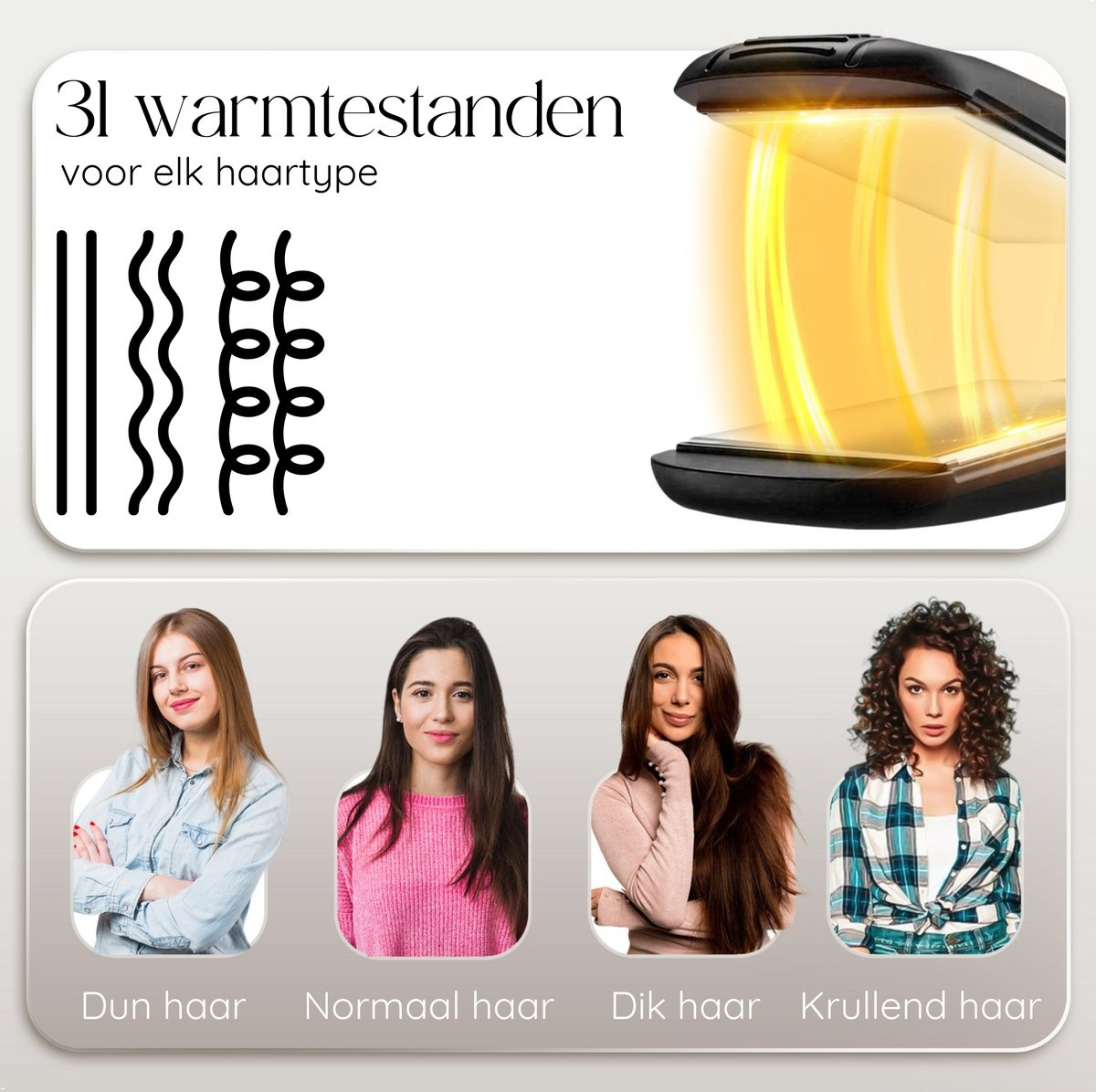 Afbeelding toont een stijltang met 3 warmte-instellingen en verschillende haartypes en kapsels.