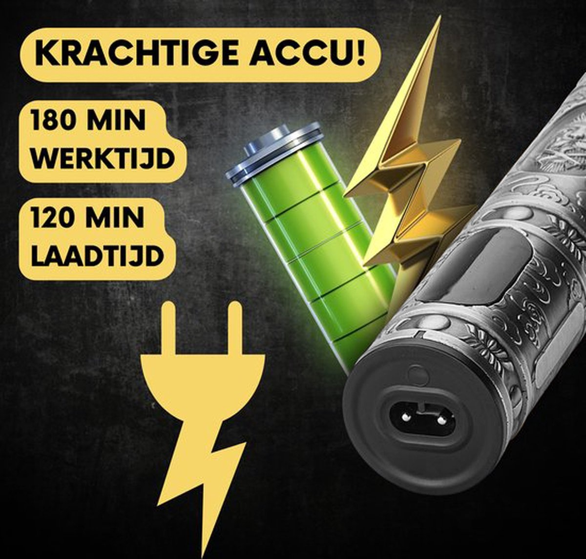 A black and silver shaver next to a green battery and a lightning bolt indicating charging and run time.