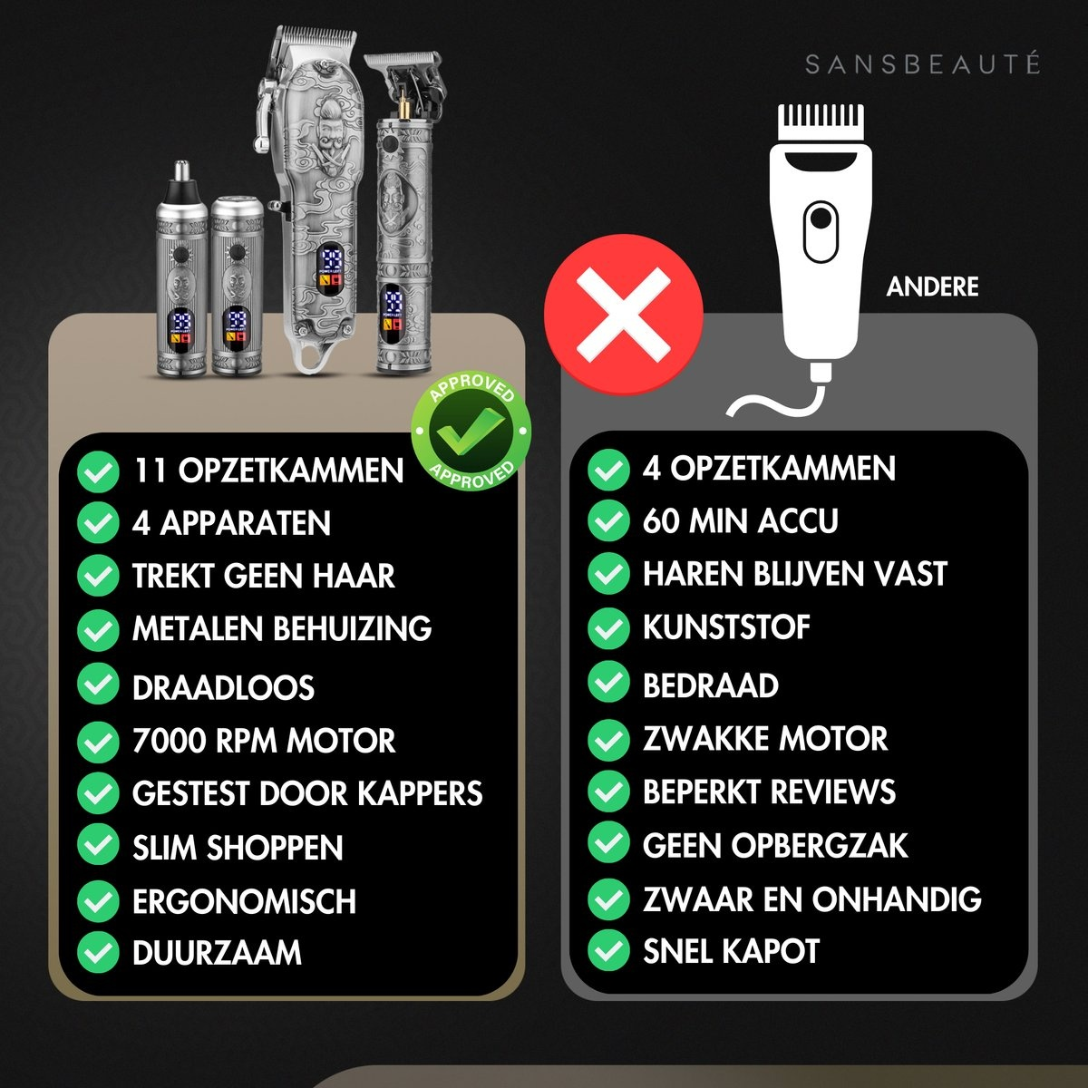 Comparison of a hair trimmer set and another product with negative points. The product is approved.