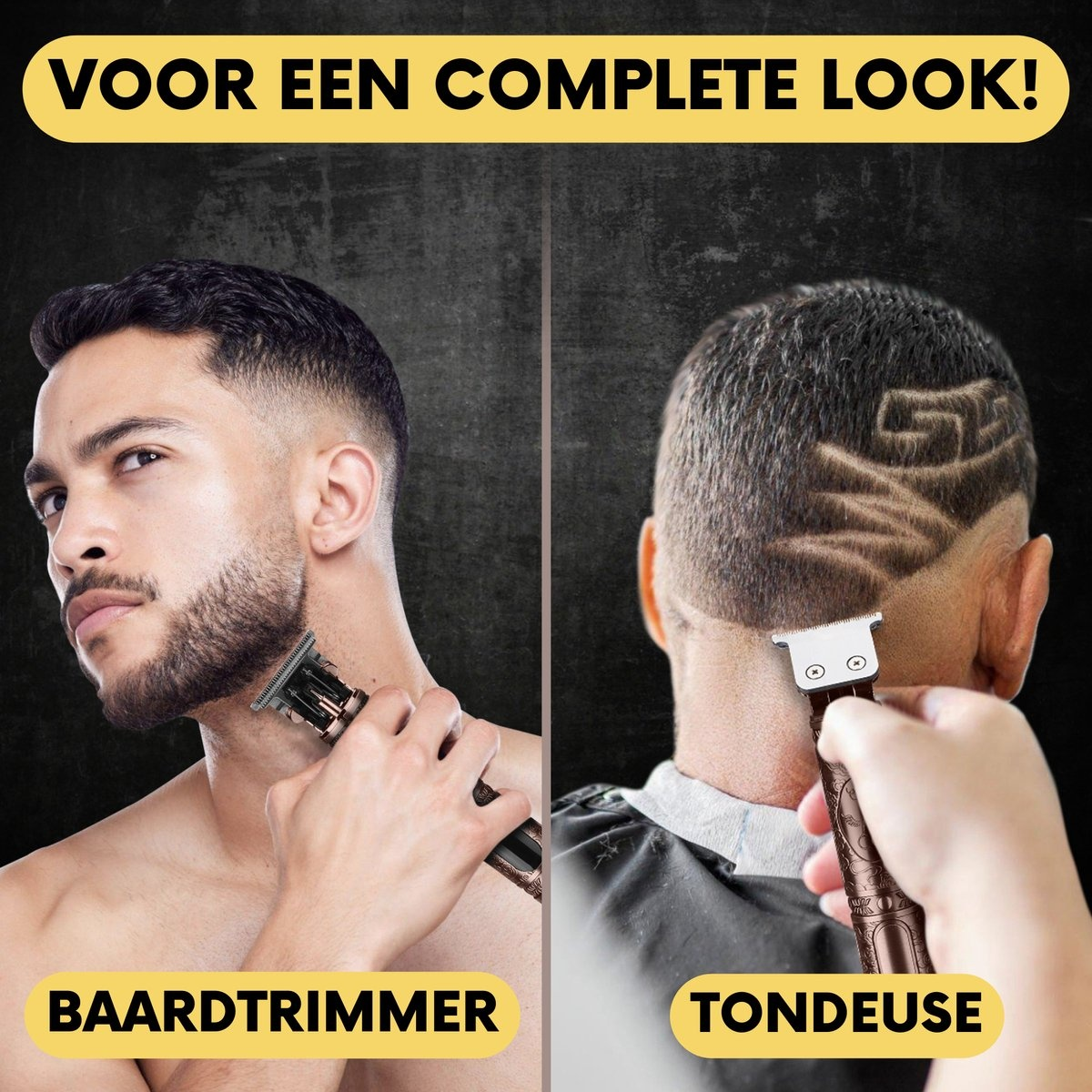Das Bild zeigt zwei Männer, einer benutzt einen Barttrimmer, der andere einen Haartrimmer.